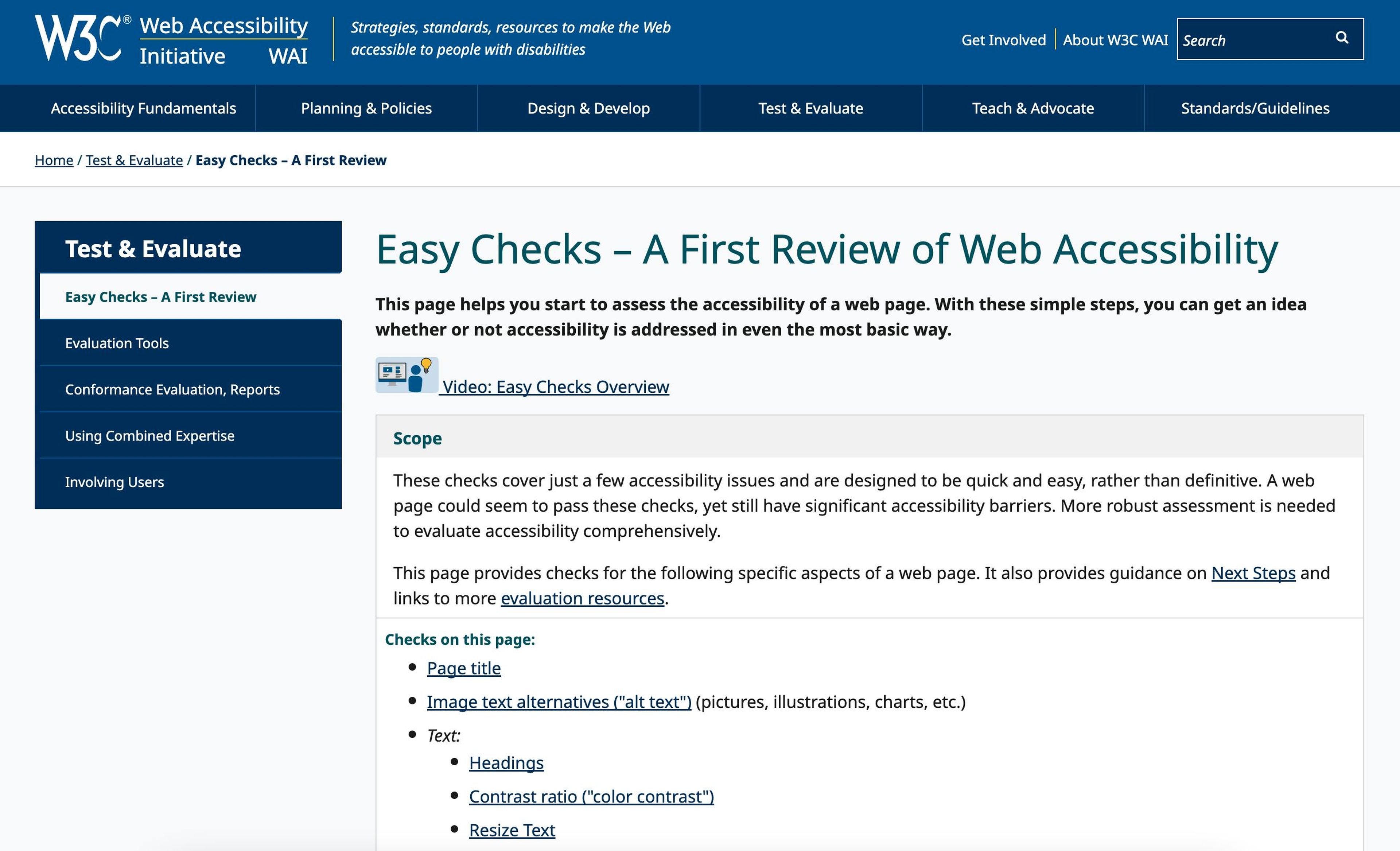 Eine Webseite der W3C Web Accessibility Initiative. Der Seitentitel lautet "Easy Checks — A First Review of Web Accessibility."