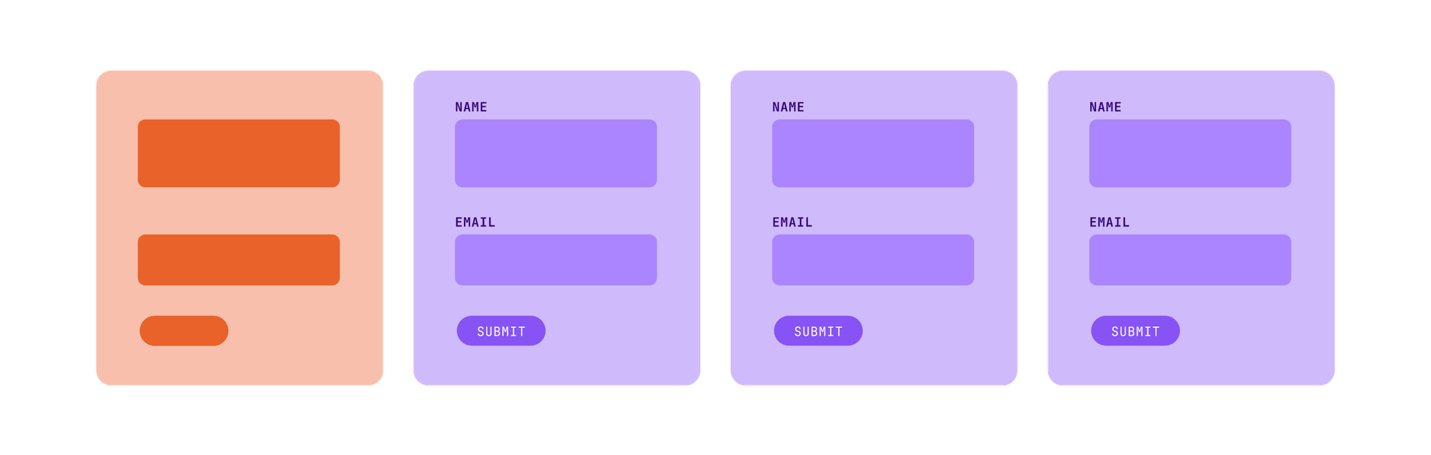 1 broken form and 3 forms with labels like Name and Email to represent 1 in 4  forms that are missing clear labels.