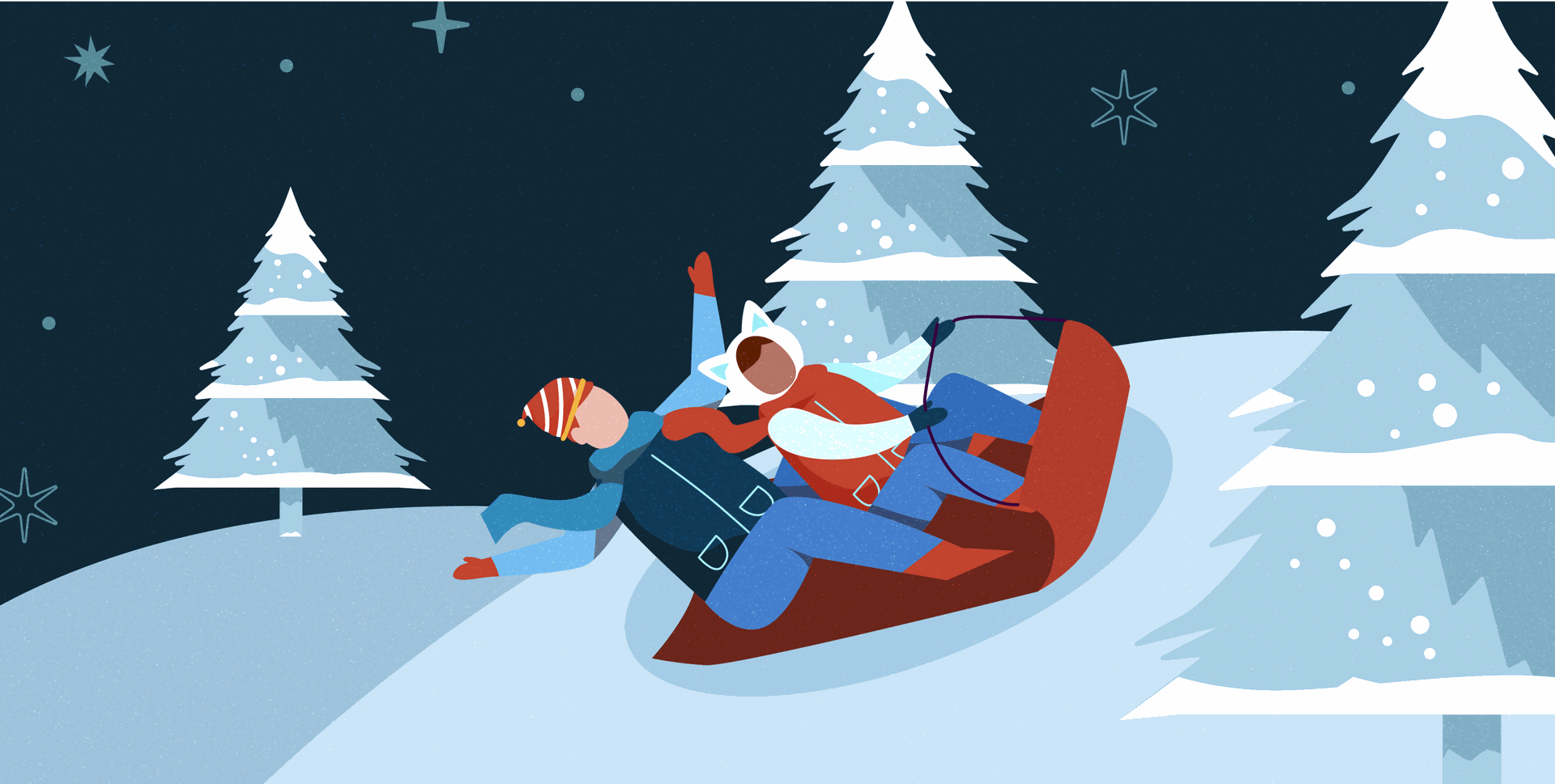 Illustration of 2 friends sledding uphill in a winter wonderland