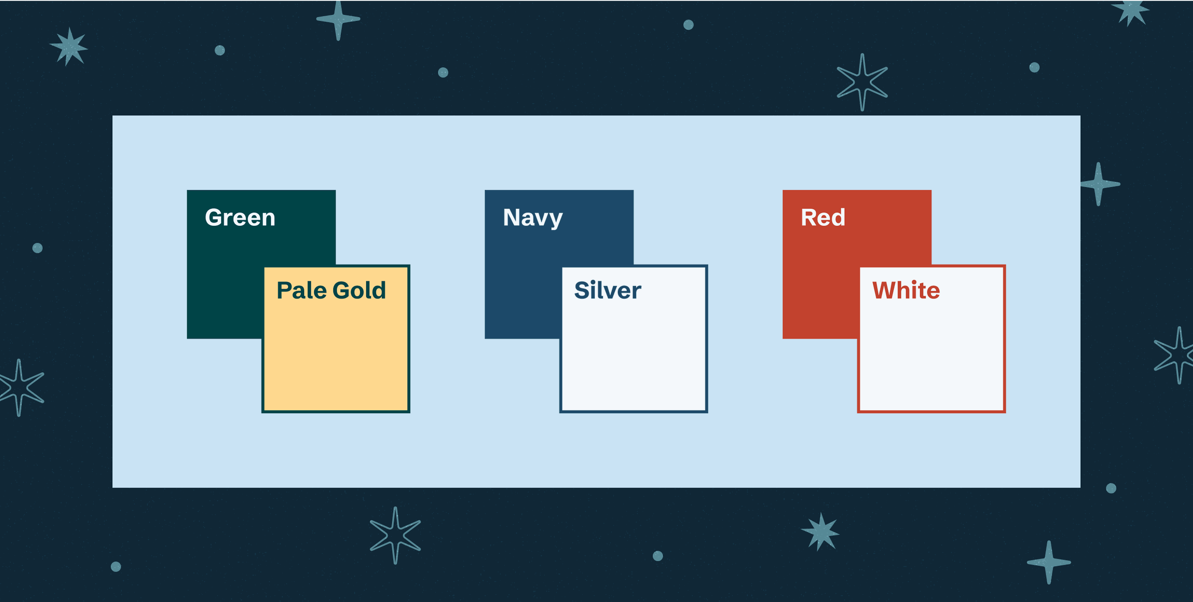 A series of holiday-themed color combinations with sufficient color contrast, including green/pale gold, navy/silver, and red/white.