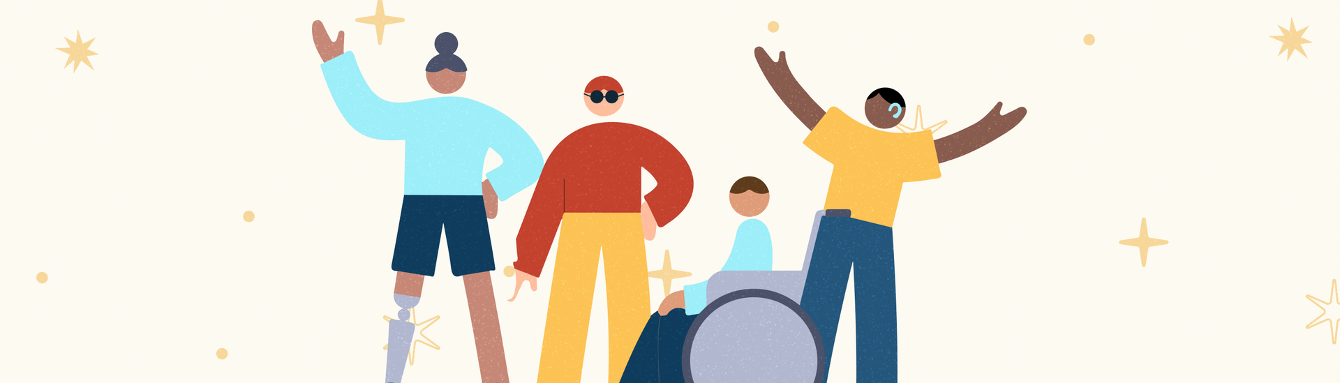 Four illustrated characters representing different disabilities