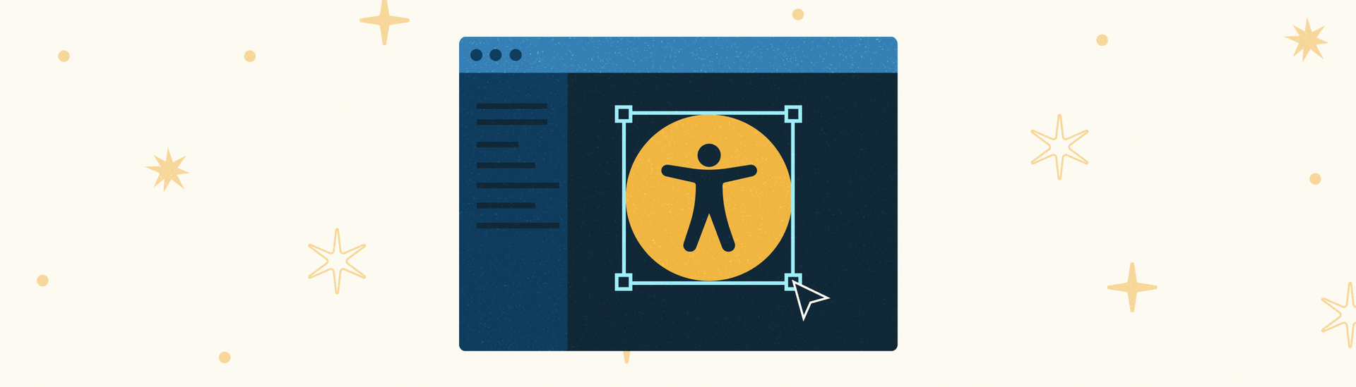 A stylized web page with an accessibility symbol highlighted in the middle