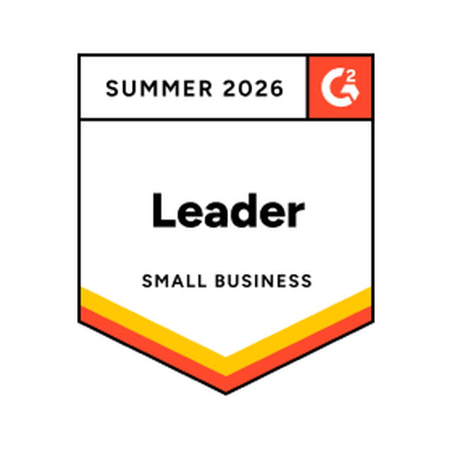 Badge reading "Summer 2026 G2 Leader Small Business" with a red and yellow border.