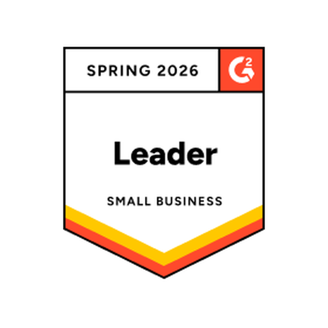 Badge displaying "Spring 2026" and "Leader, small business" with the G2 logo