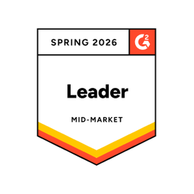 G2 badge with "Spring 2026" and "Leader Mid-Market" text
