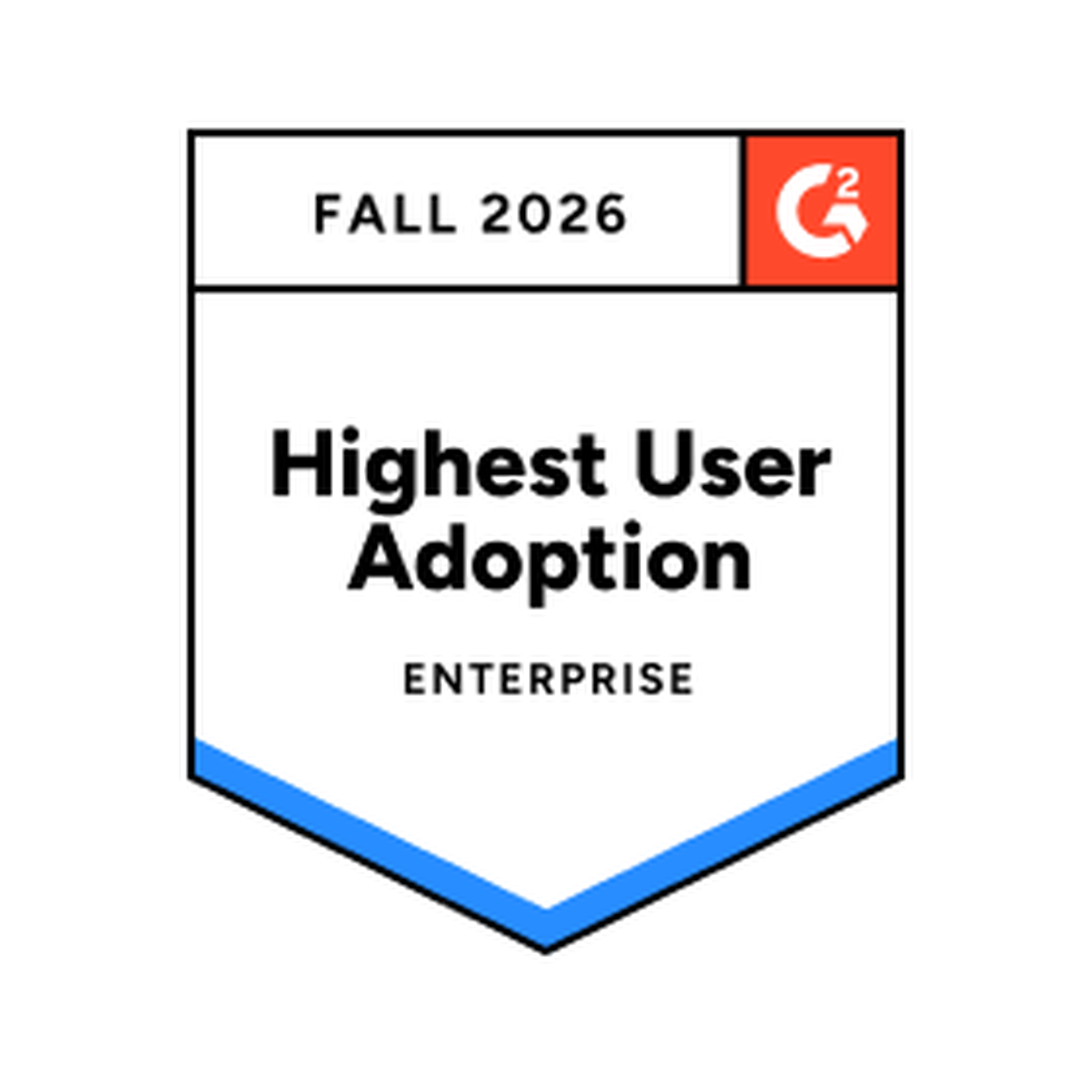 Award badge for "Highest User Adoption, Enterprise" for Fall 2026 by G2, with a white background and blue lower border.