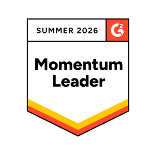 Badge titled "Momentum Leader" for Summer 2026, with a G2 logo and red, orange, and yellow borders.