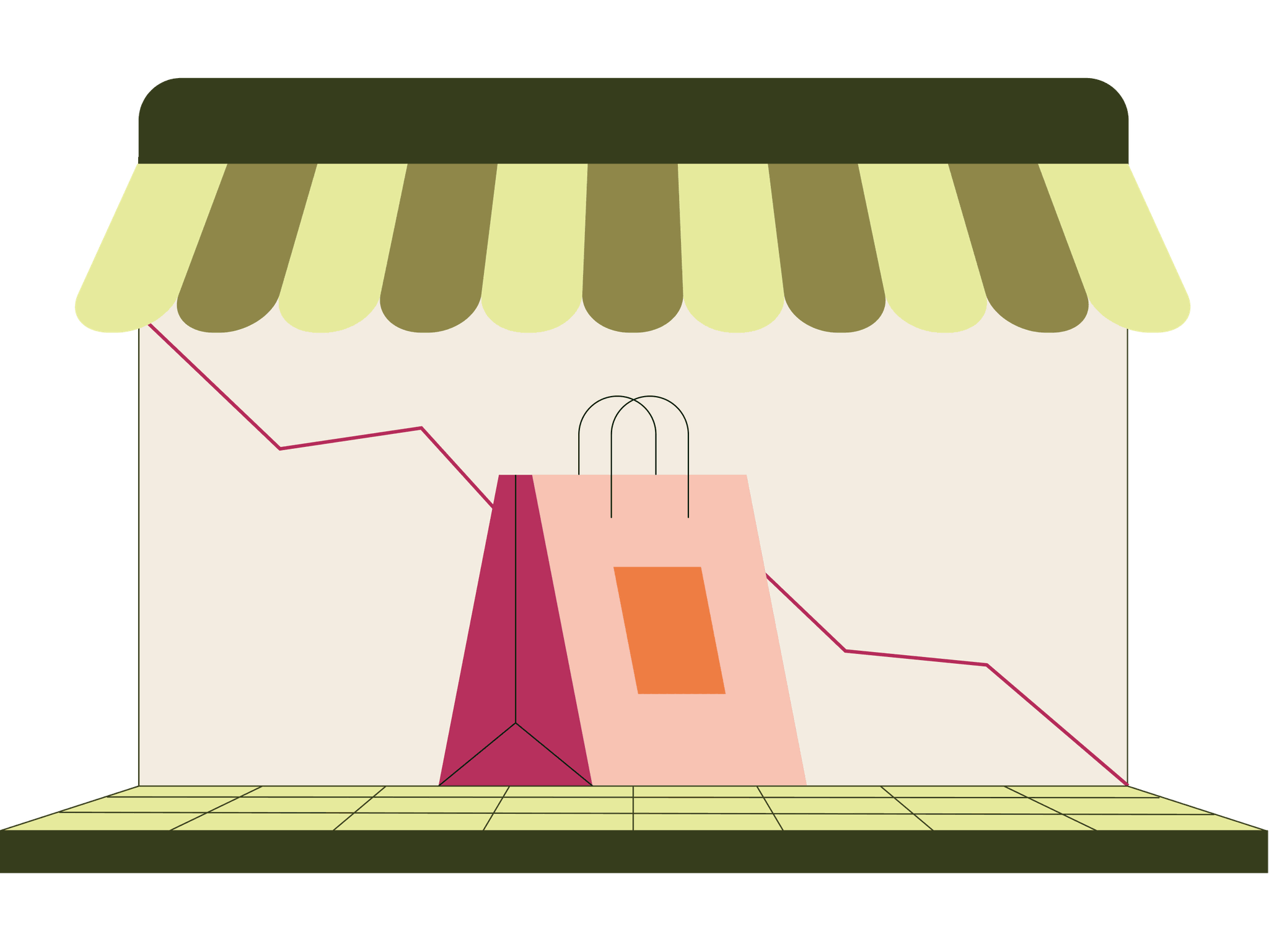 Illustration of a storefront with a shopping bag and a declining graph line, symbolizing reduced sales or economic downturn.