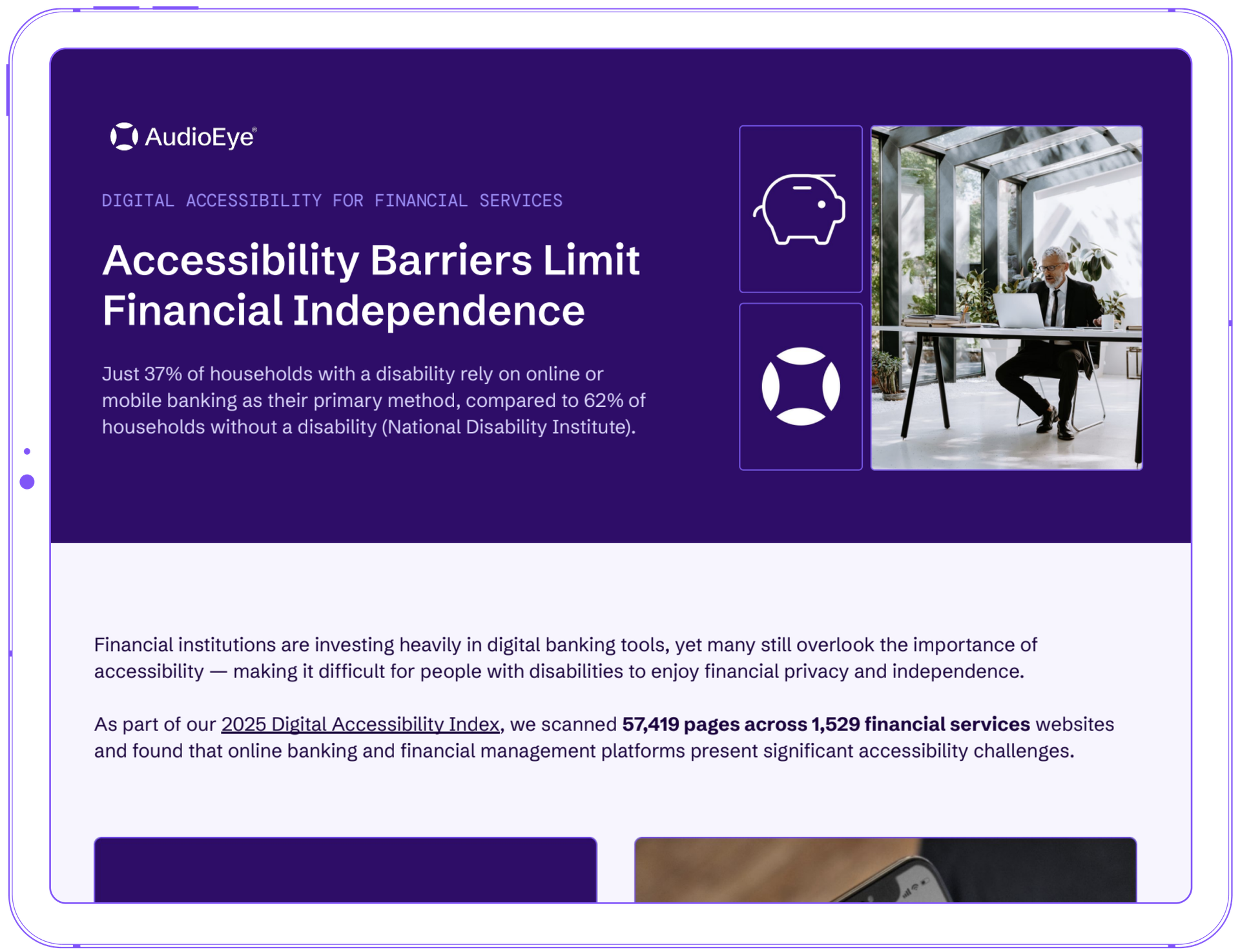 Tablet displaying an infographic for Accessibility in Finance with statistics and a man using a laptop in an office.
