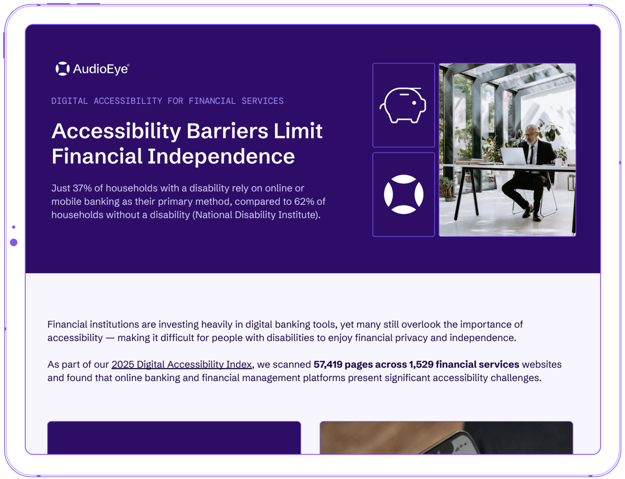 Tablet displaying an infographic for Accessibility in Finance with statistics and a man using a laptop in an office.