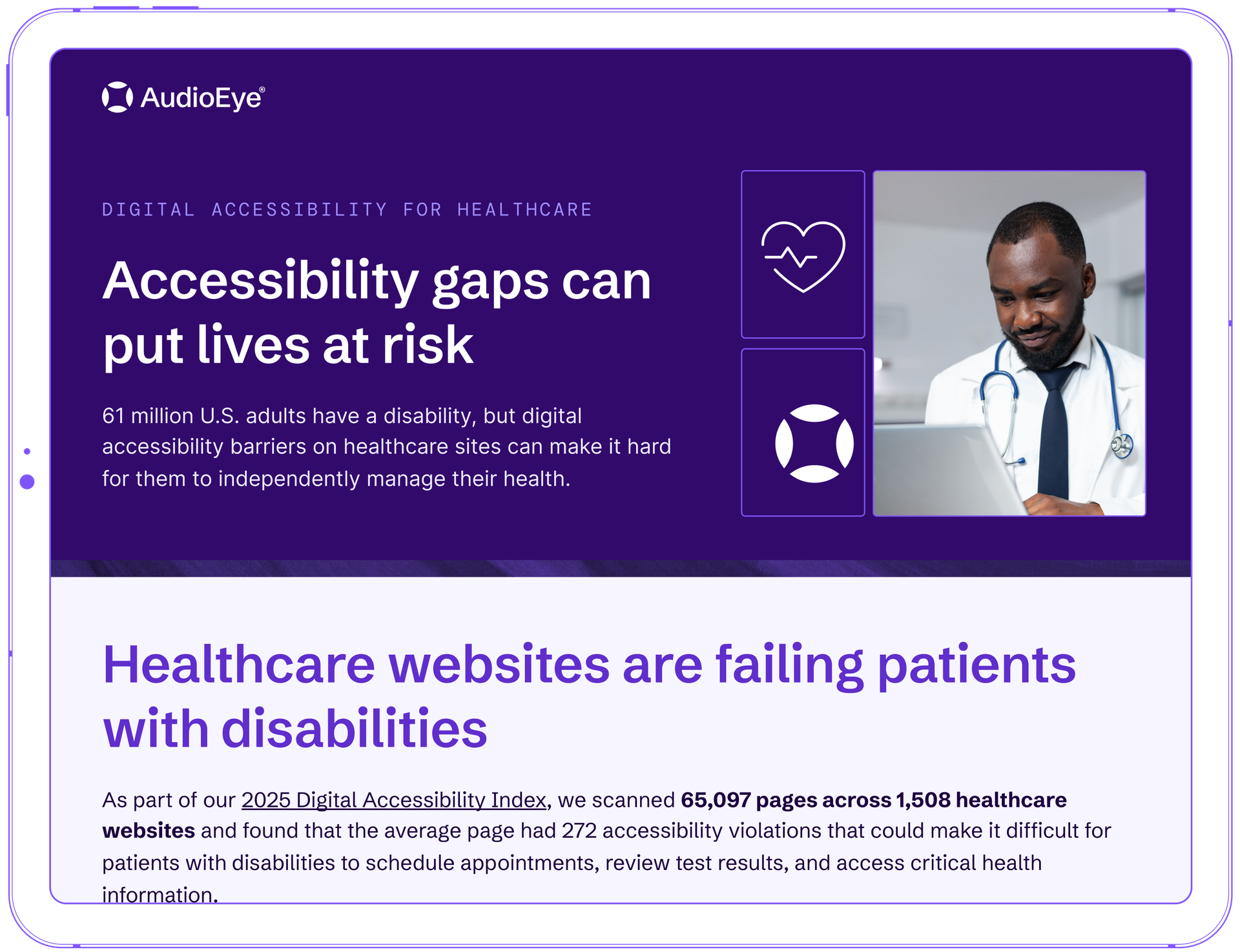 Tablet displaying a digital accessibility infographic for healthcare, highlighting risks and statistics related to accessibility gaps for patients with disabilities.