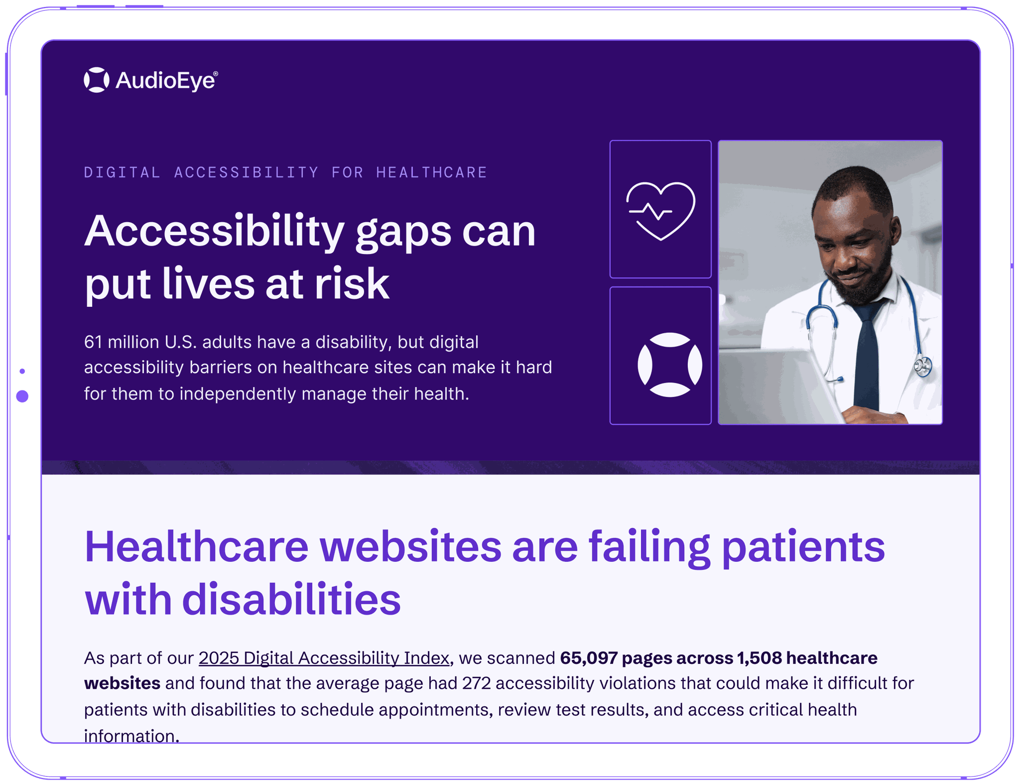 Tablet displaying a digital accessibility infographic for healthcare, highlighting risks and statistics related to accessibility gaps for patients with disabilities.