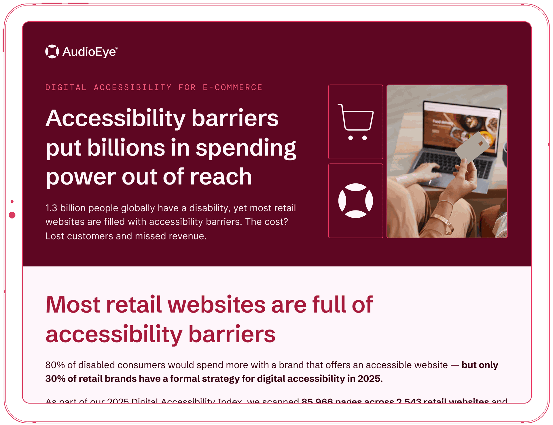 Tablet displaying a digital accessibility infographic, highlighting barriers in e-commerce, with statistics and an image of a person using a smartphone.