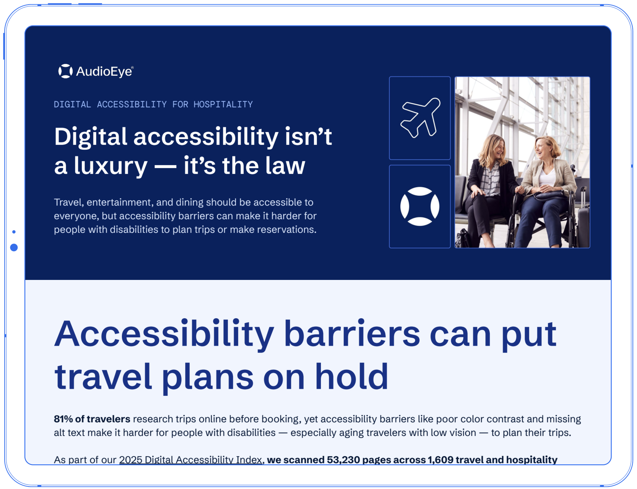 Tablet displaying a webpage about digital accessibility in hospitality, featuring two women talking and accessibility icons.