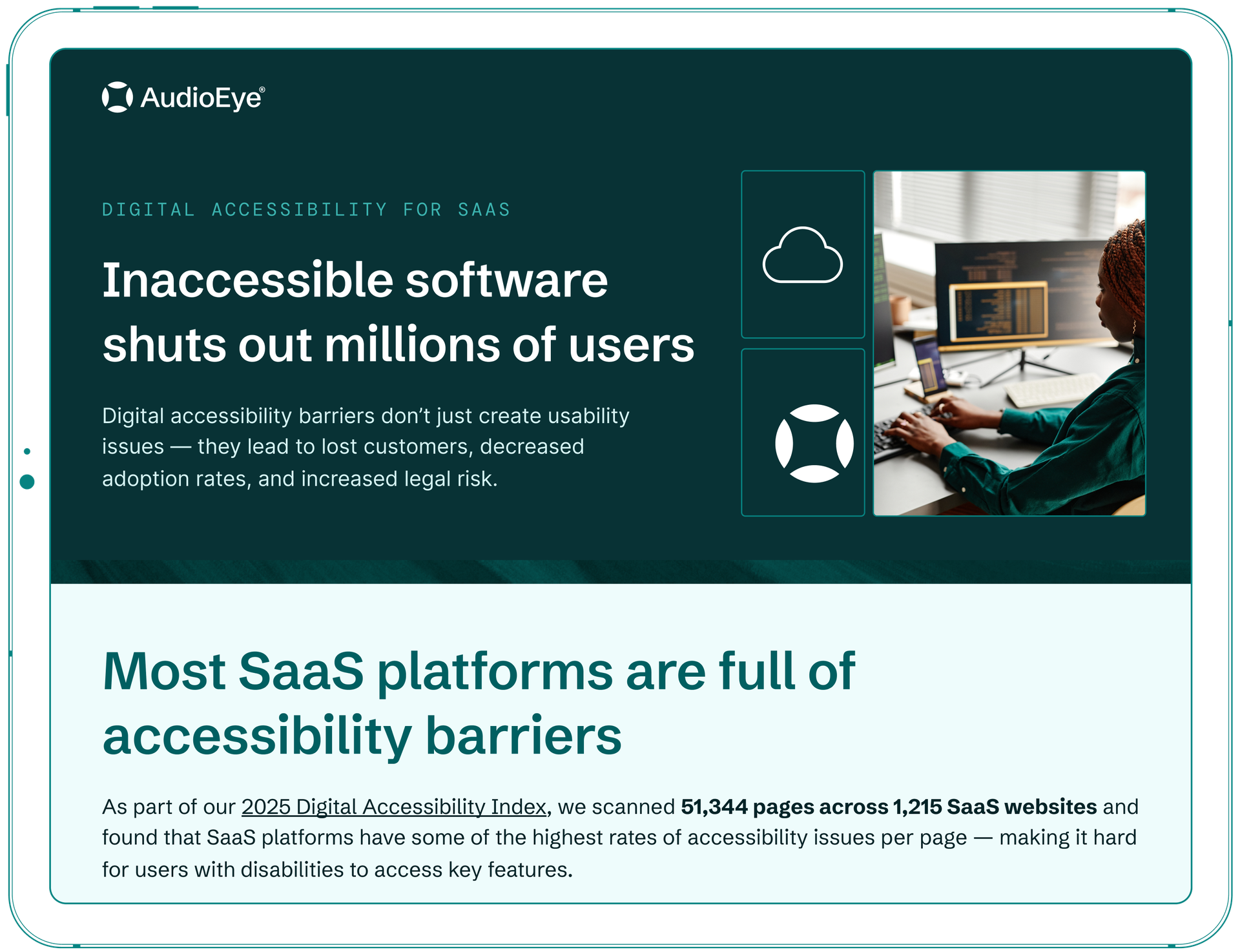 Tablet displaying an infographic on digital accessibility for SaaS, highlighting barriers and impacts on millions of users.
