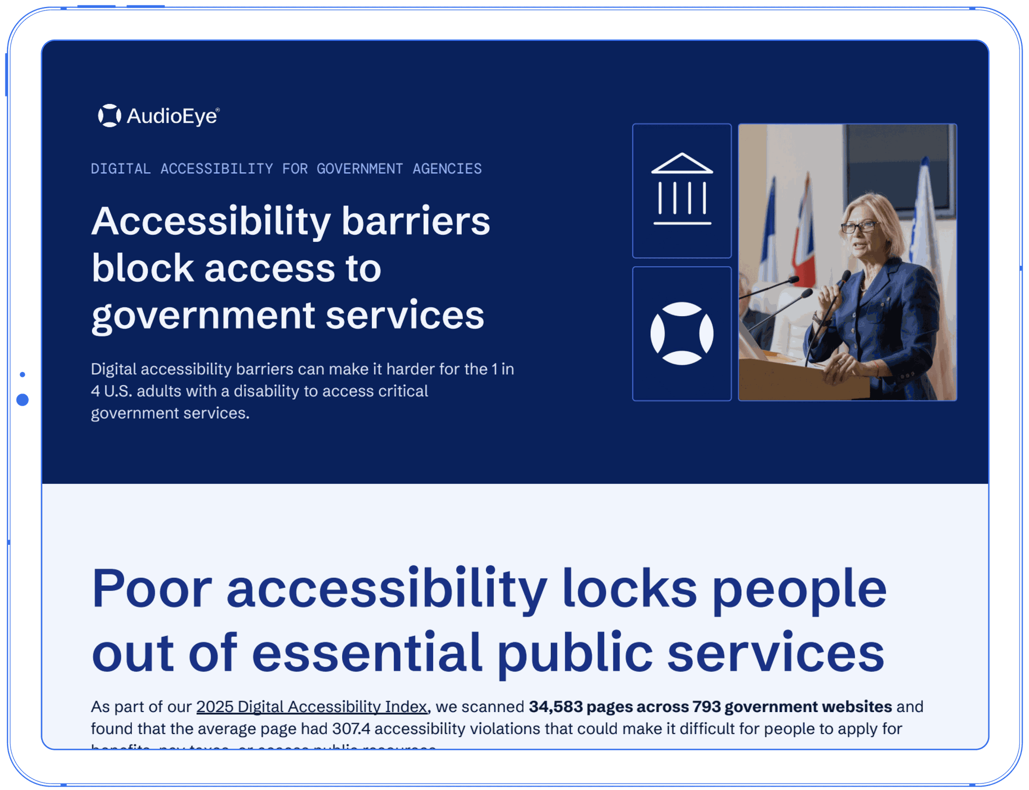 Tablet displaying a webpage about digital accessibility barriers in government services, featuring text and a graphic of a gear icon.