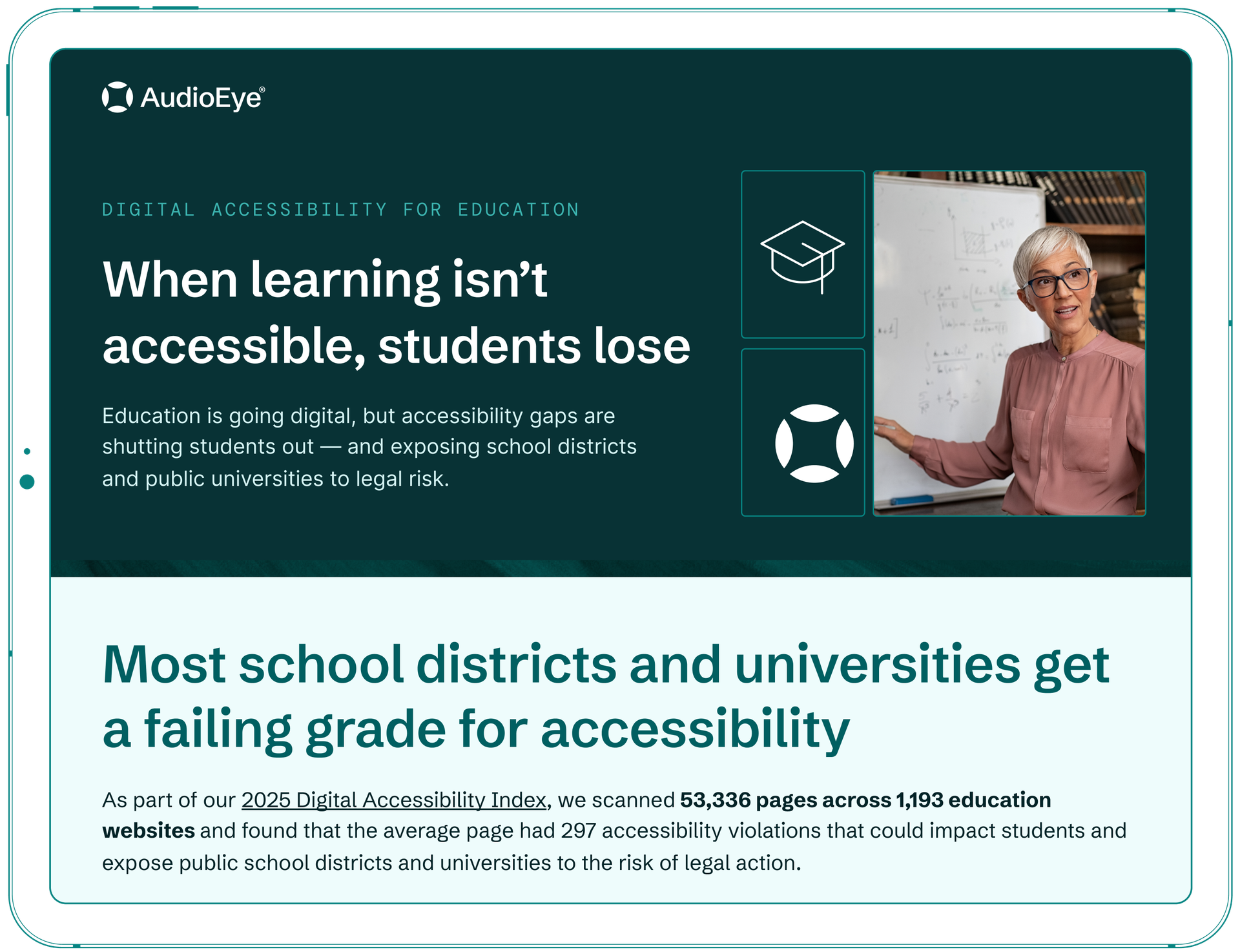 Tablet displaying an infographic about digital accessibility in education, featuring a woman at a whiteboard and text on accessibility challenges.