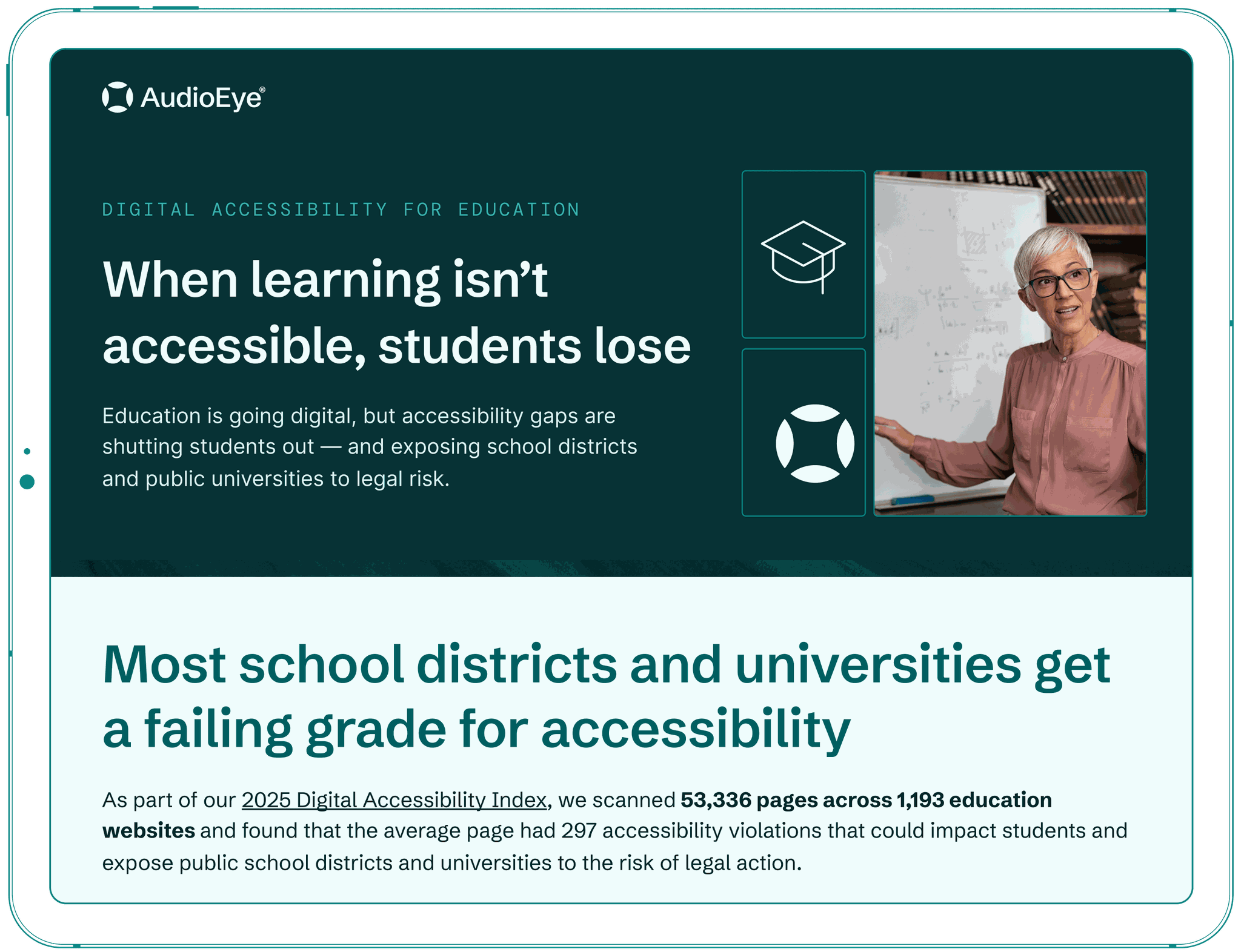 Tablet displaying an infographic about digital accessibility in education, featuring a woman at a whiteboard and text on accessibility challenges.
