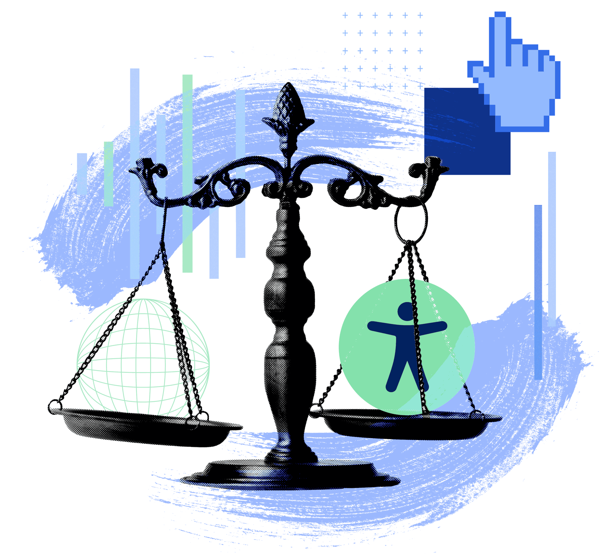 A scale balances accessibility against a digital globe world