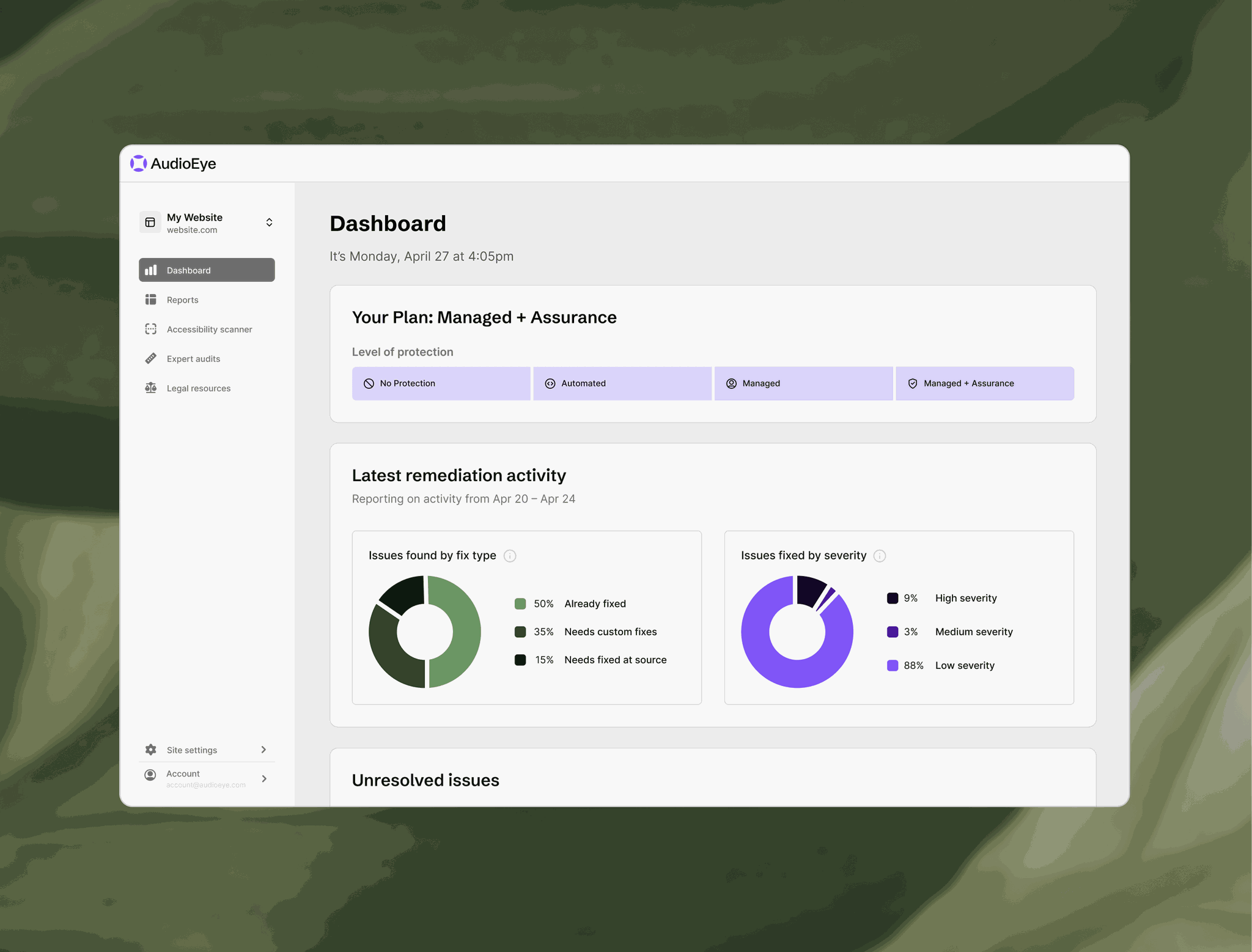 Dashboard interface showing a website's accessibility plan, remediation activities, and issue severity with pie charts