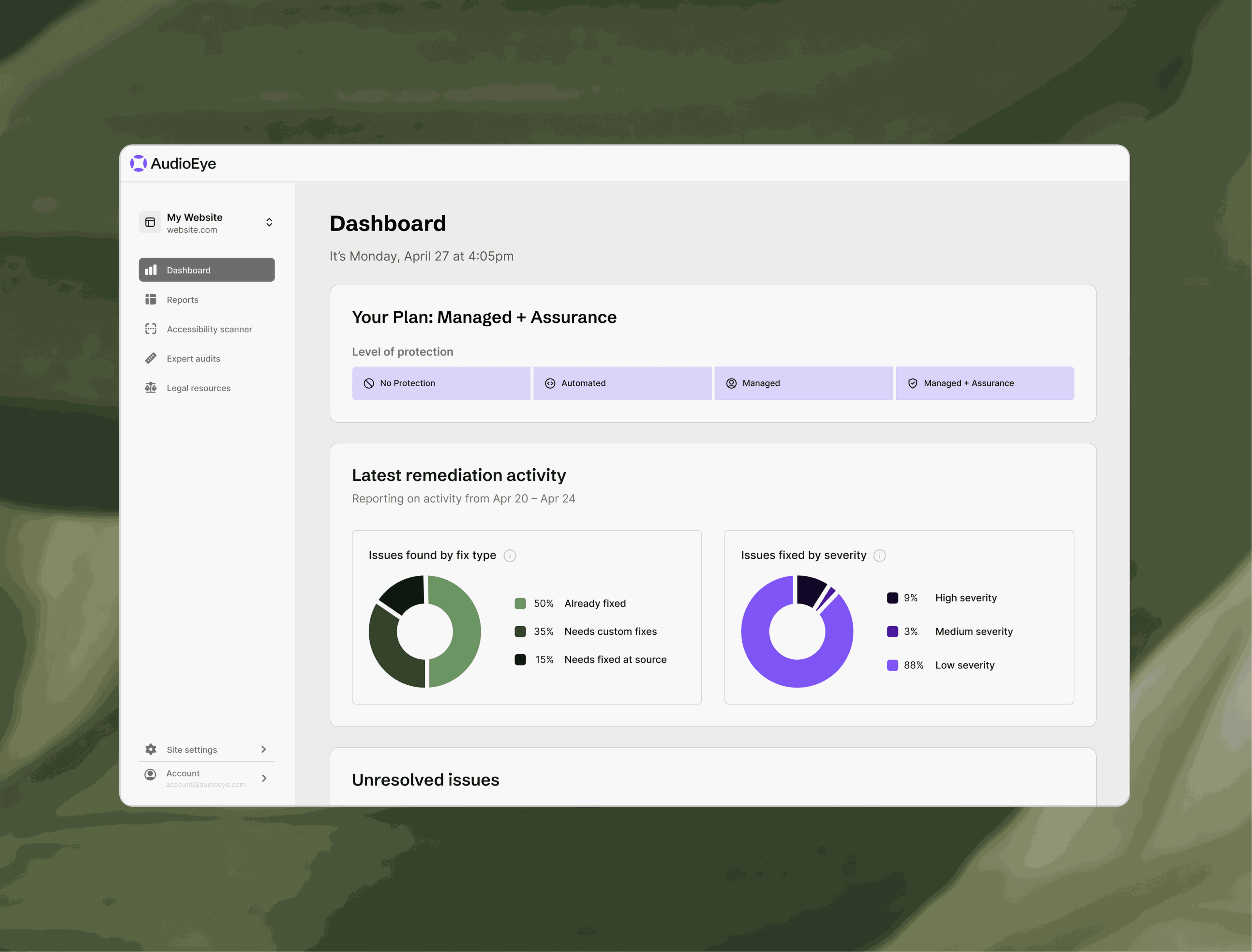 Dashboard interface showing a website's accessibility plan, remediation activities, and issue severity with pie charts