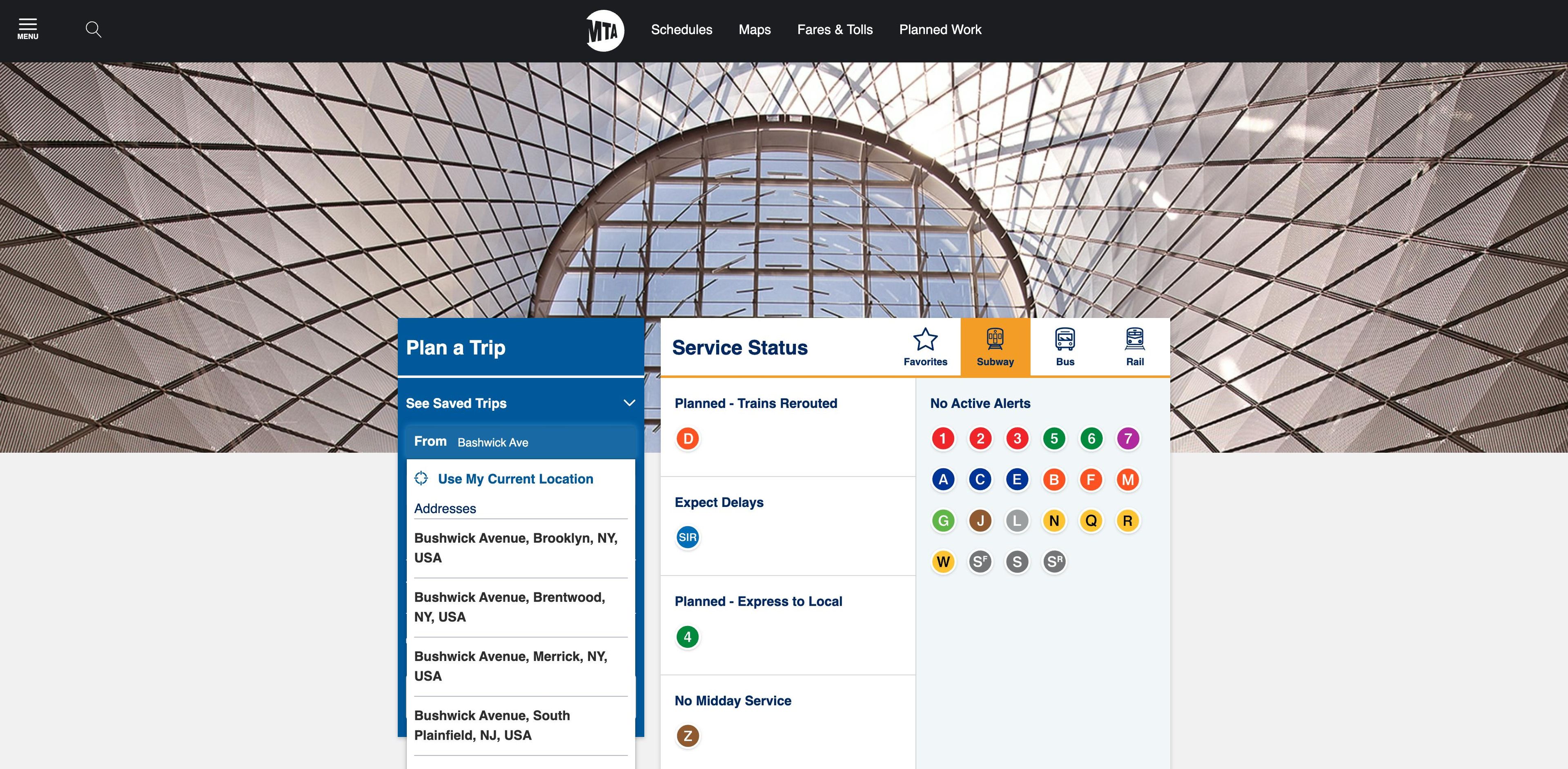 Der Routenplaner der Metropolitan Transportation Authority (MTA). Die eingegebene Adresse "Bashwick Ave" ist falsch geschrieben, darunter werden Korrekturvorschläge angezeigt 
