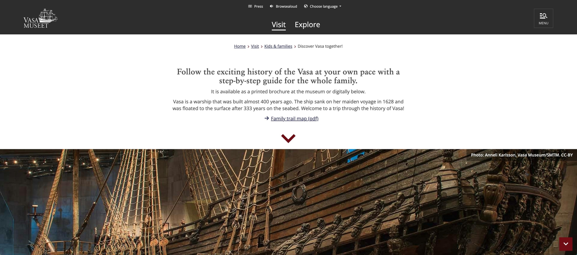 A series of breadcrumbs that read Home > Visit > Kids & families > Discover Vasa together! above a photo of an old wooden ship 