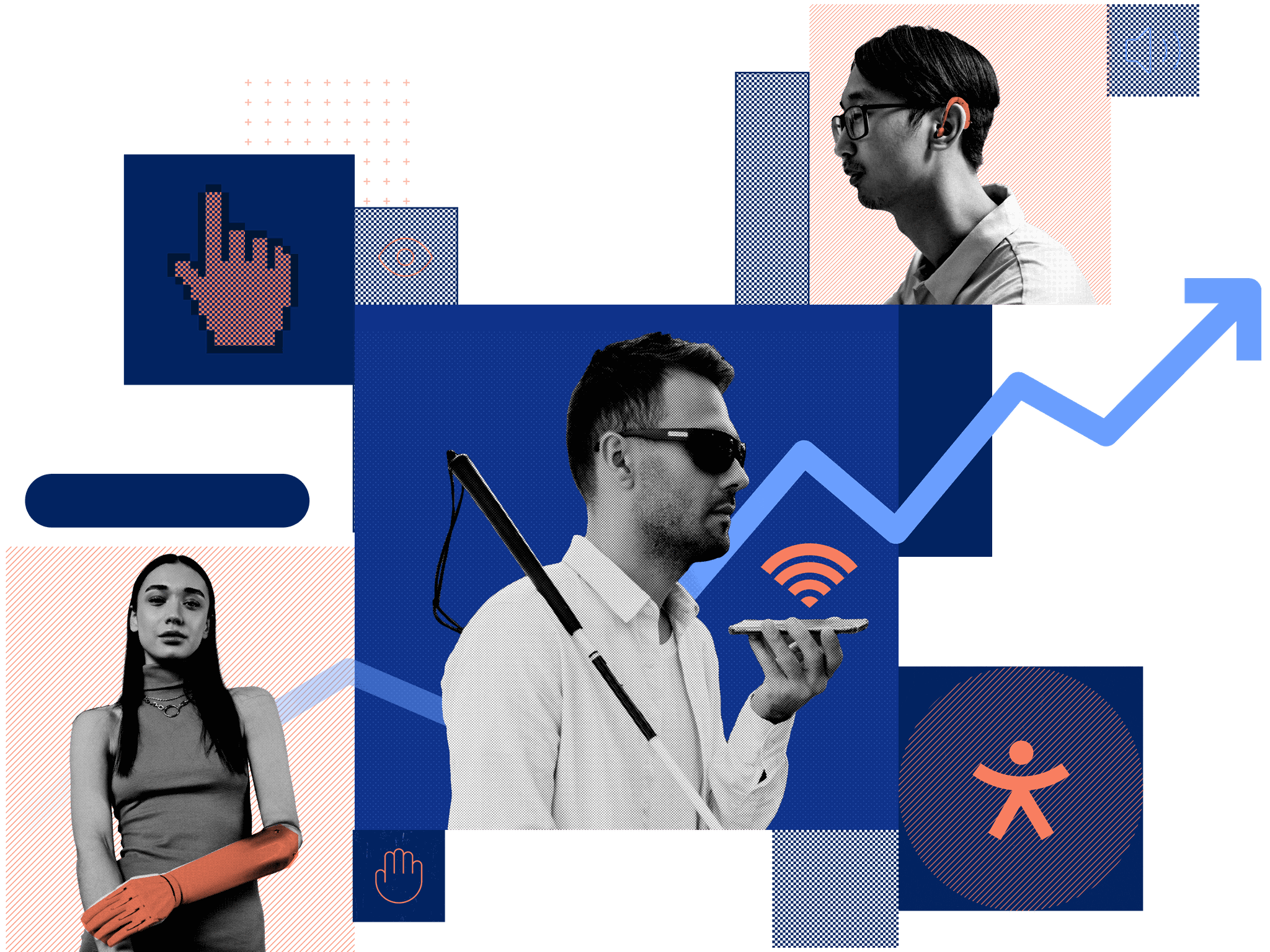 A woman with a prosthetic arm, a man with a hearing aid, and a non-sighted man with sunglasses and phone atop a rising arrow chart