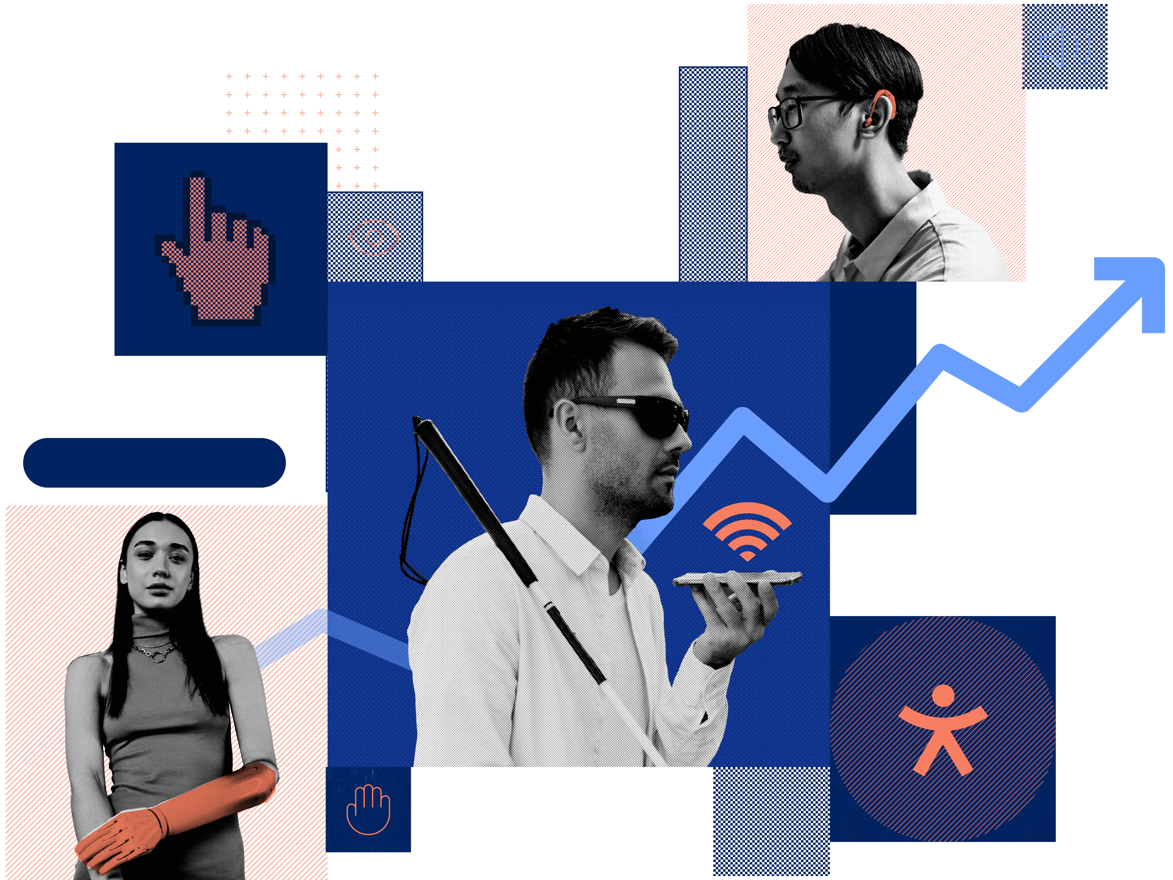 A woman with a prosthetic arm, a man with a hearing aid, and a non-sighted man with sunglasses and phone atop a rising arrow chart