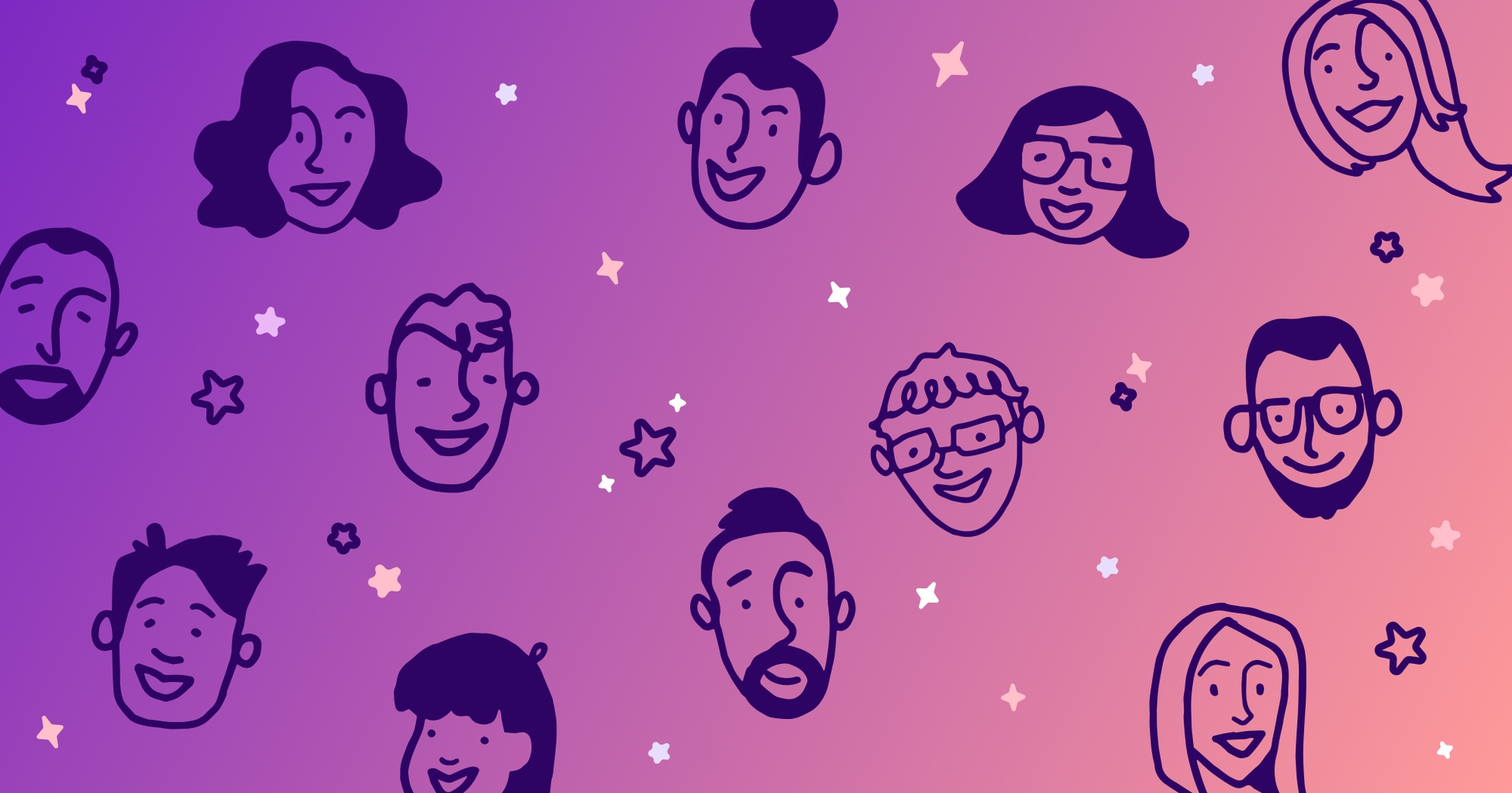 Collection of animated heads set against a starry pink and purple background.