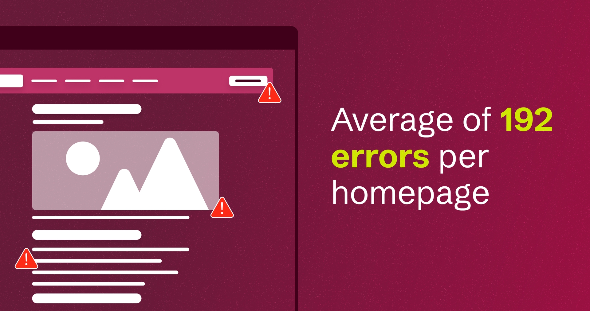 Stylized web browser next to text that reads 'Average of 192 errors per homepage.'