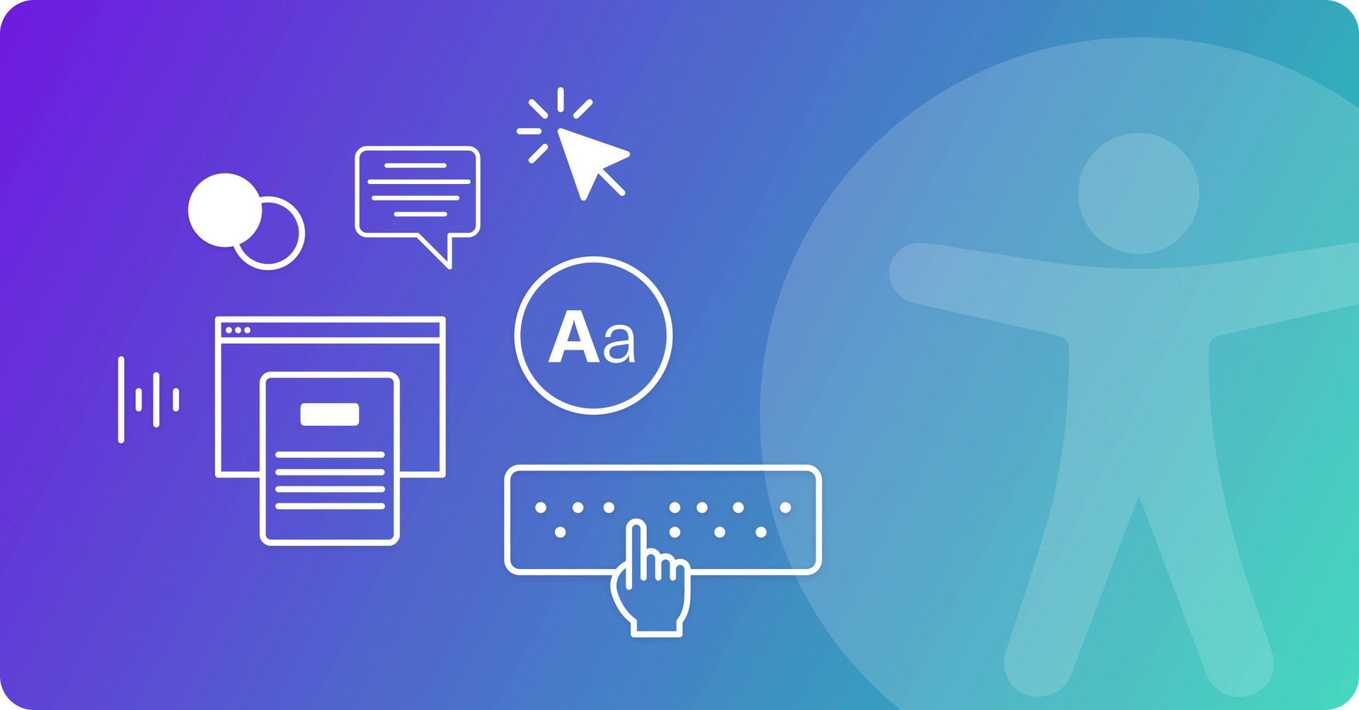 A series of icons representing things like web cursors and Braille keyboards, next to an accessibility symbol.