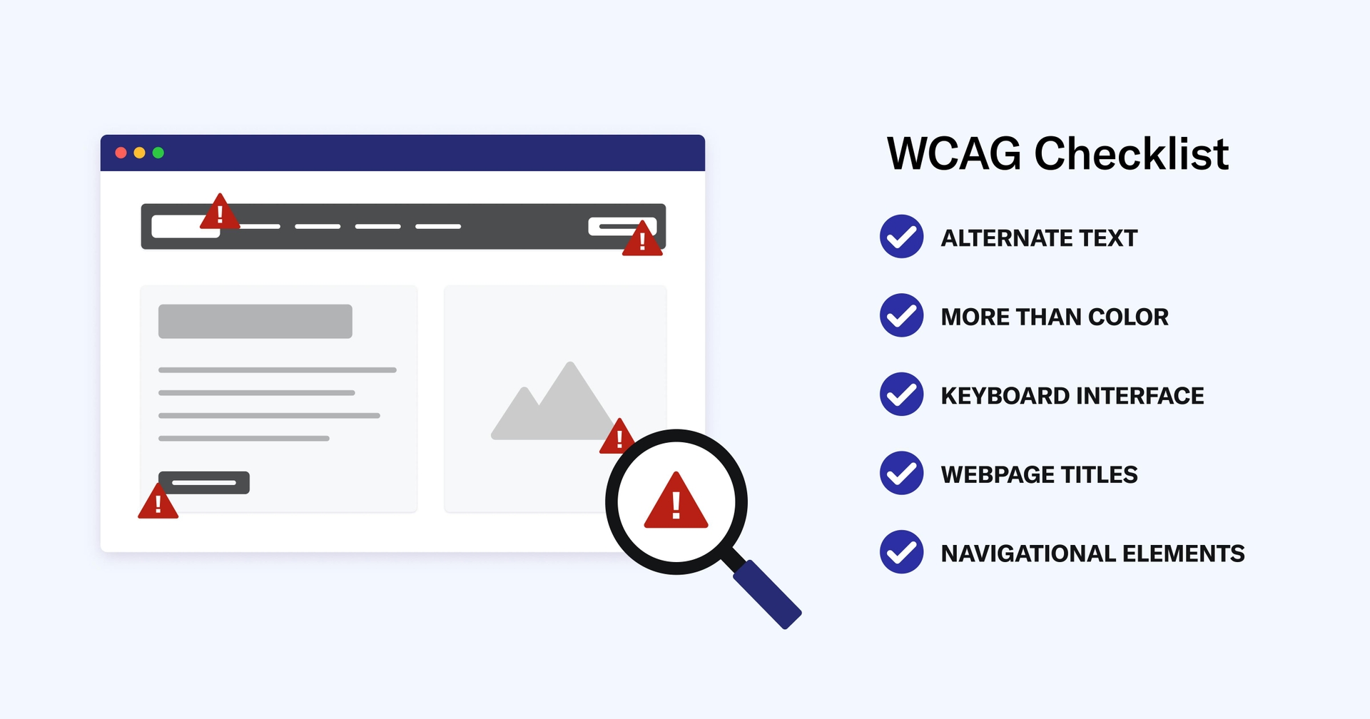 A computer browser and a checklist titled WCAG Checklist with list items that read alternate text, more than color, keyboard interface, webpage titles, and navigational elements