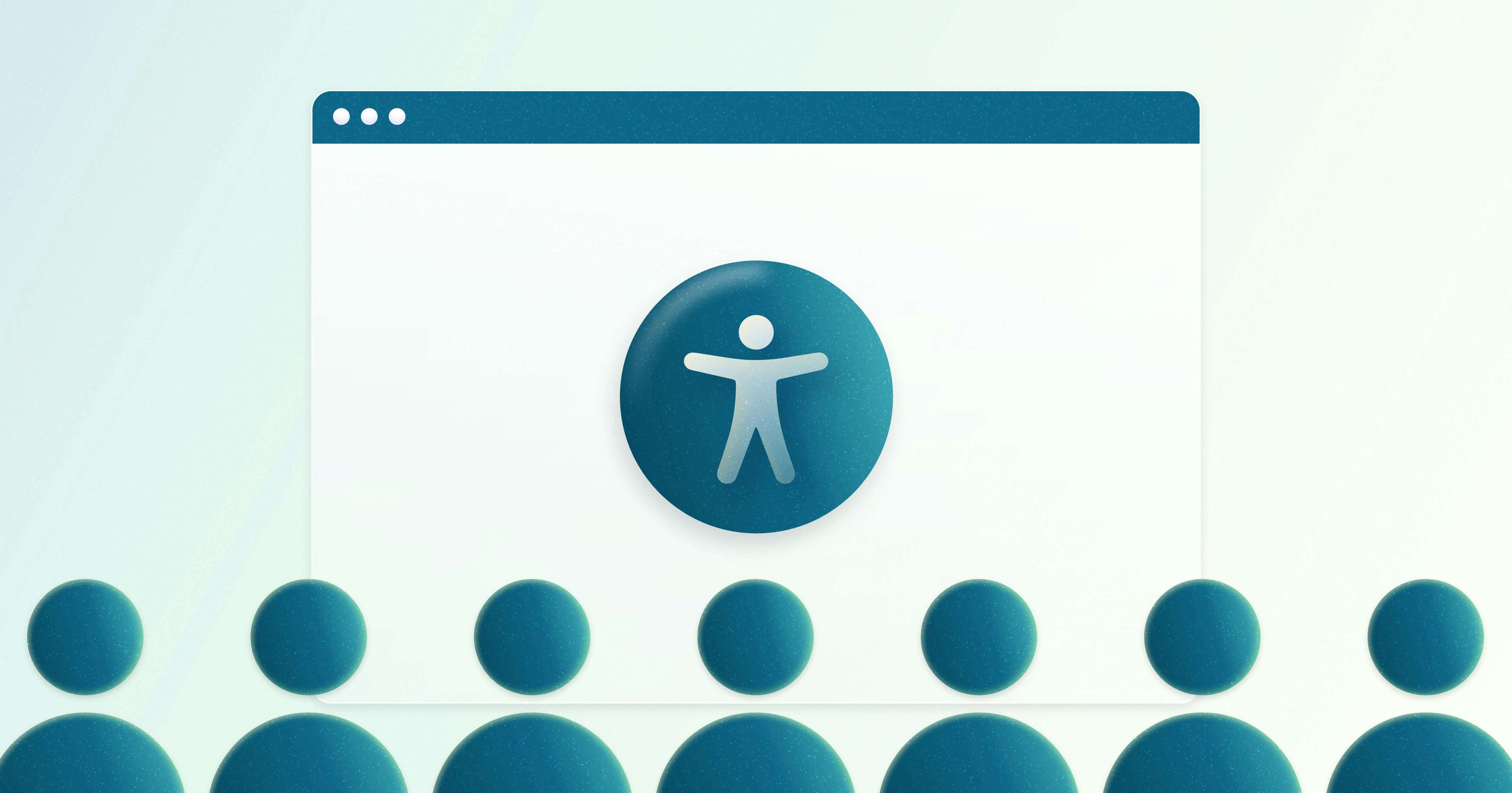 An accessibility symbol on a stylized web browser, with seven icons of people facing the screen.