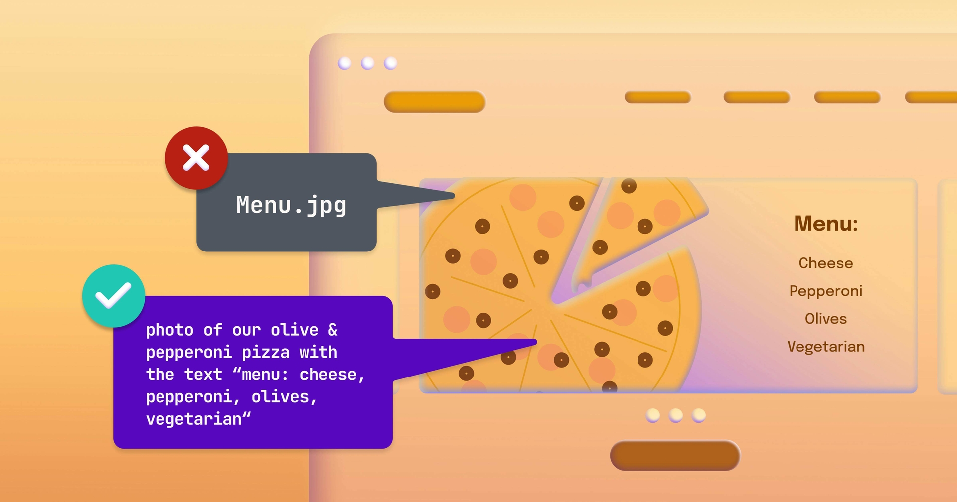 Example of poor alt text for an image of a menu (simply saying menu) vs alt text that describes the menu (food, available toppings)
