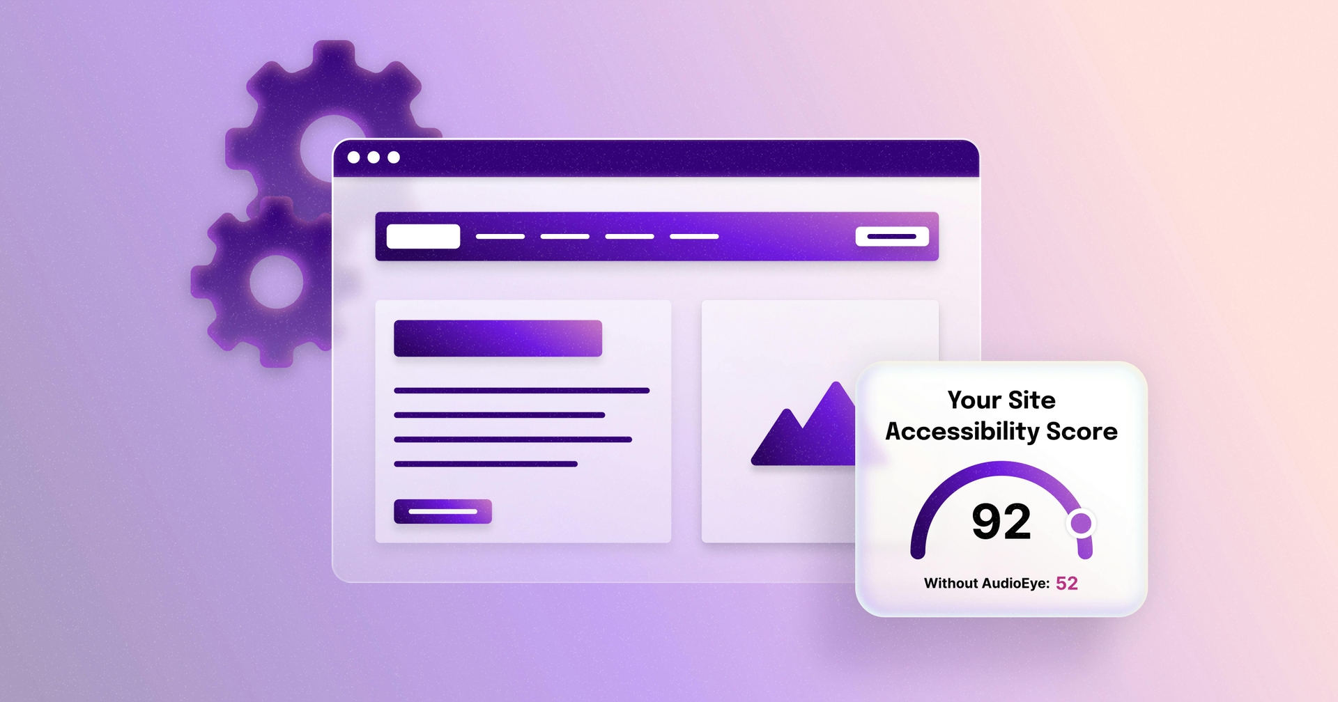 A stylized webpage next to a graphic that reads "Your Site Accessibility Score: 92" and "Without AudioEye: 52".