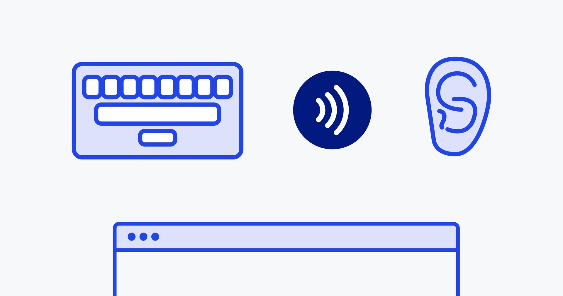 keyboard, sound icon, ear, all above a web page