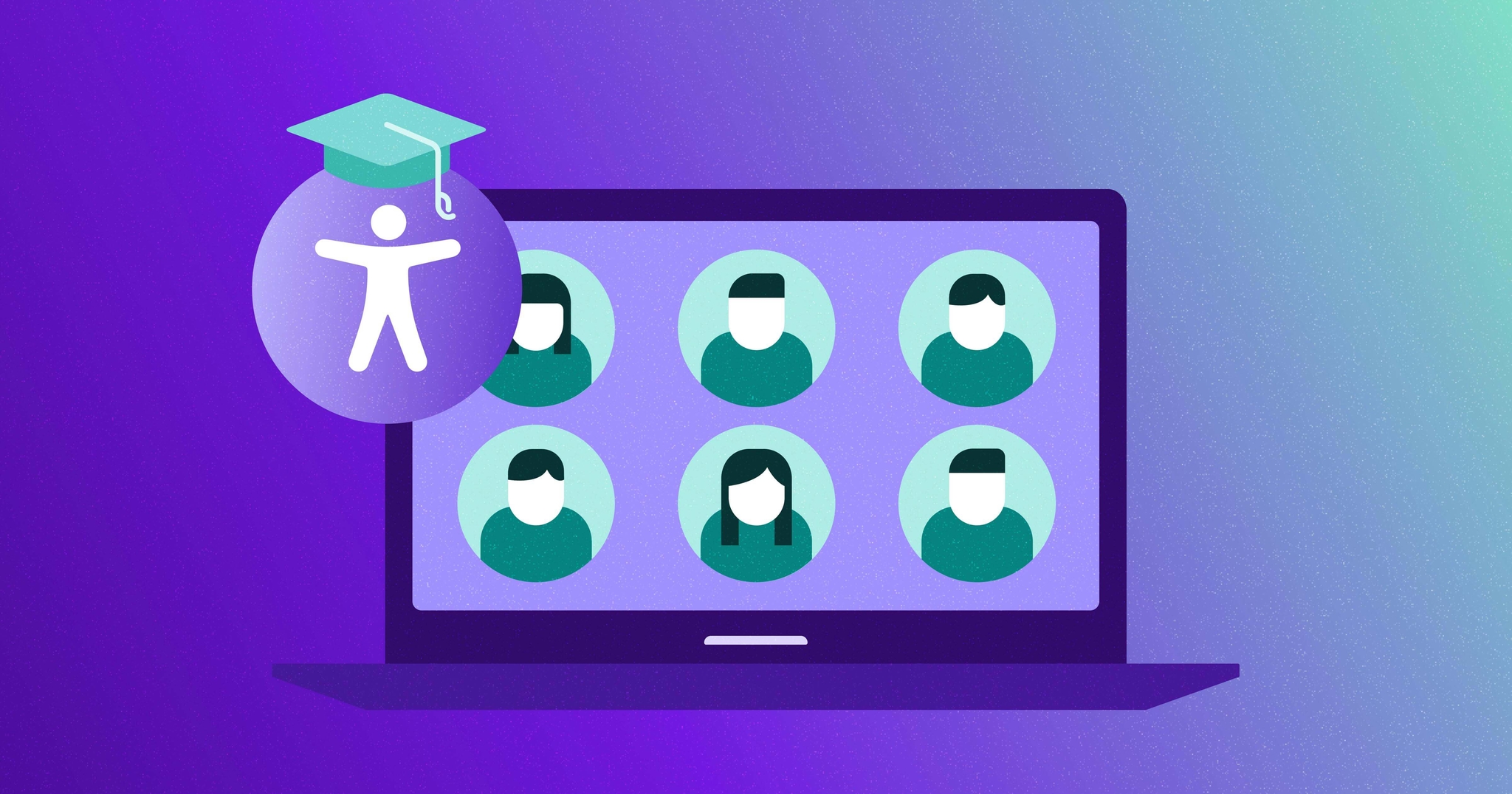 Laptop screen showing the profiles of students; the accessibility icon with a graduation cap on top of it is in the upper left-hand corner.