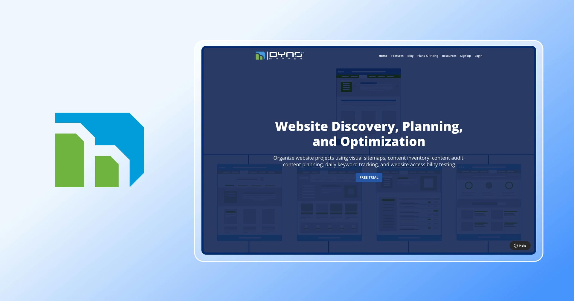 Screenshot of DYNO Mapper homepage with DYNO Mapper logo next to it.