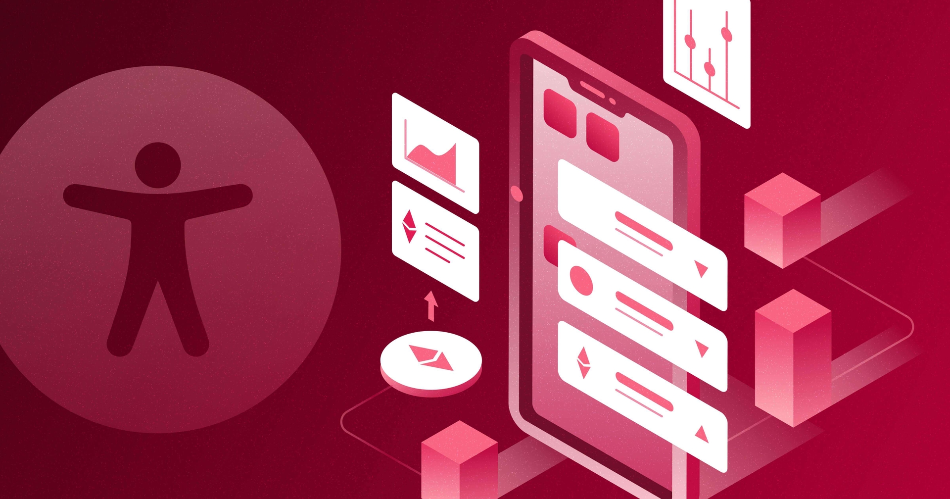 Mobile web browser with various pop-ups around it next to the accessibility icon.