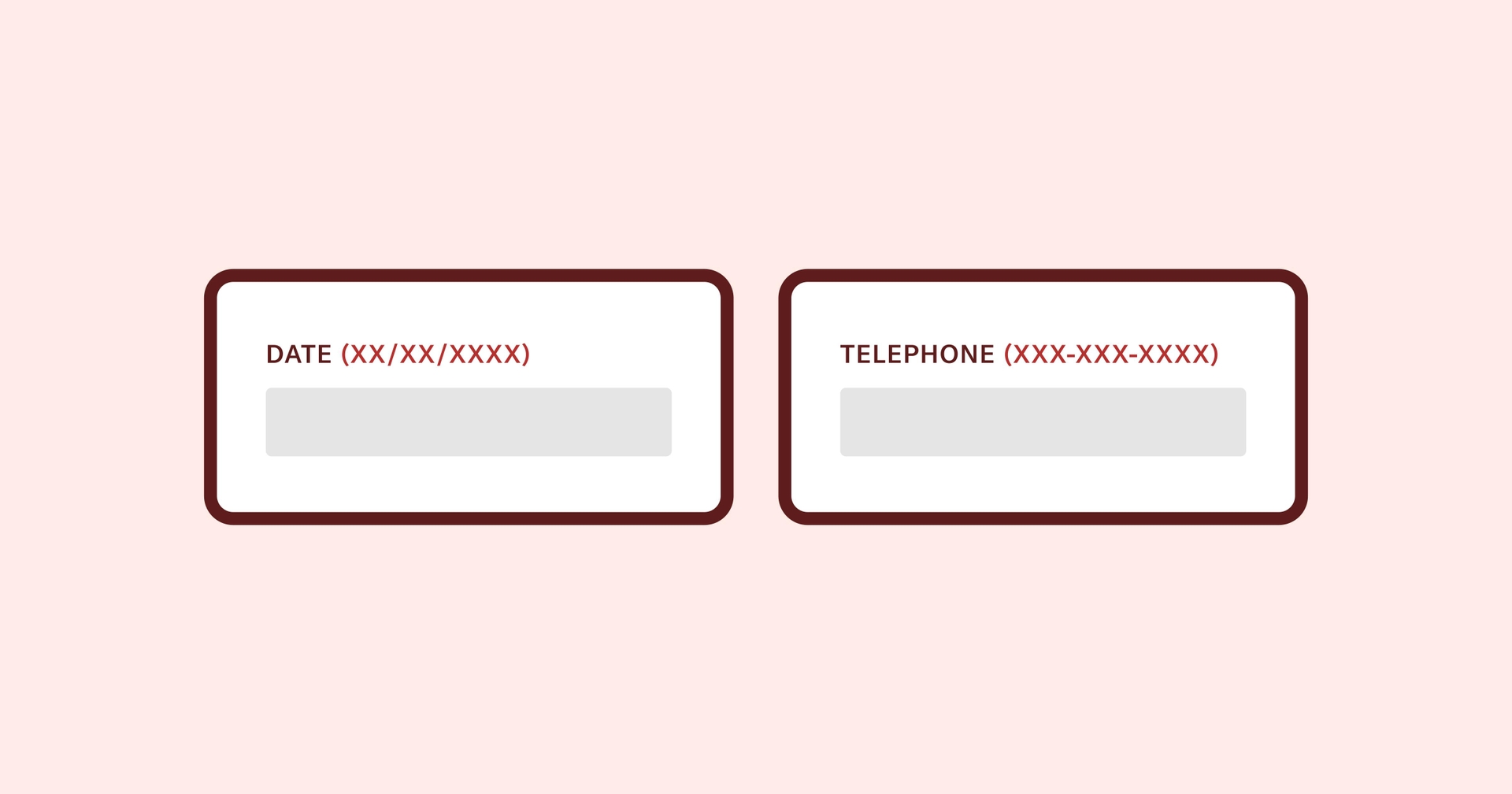 A pair of input fields that show formatting instructions for entering the date and a telephone number.