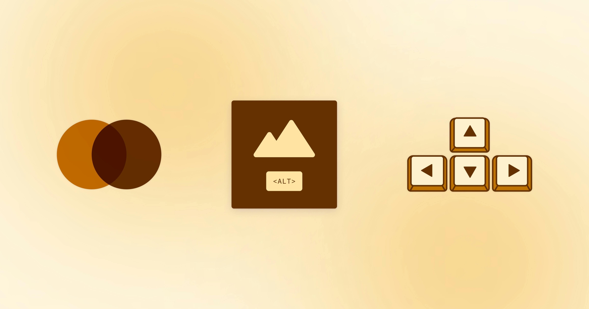 Overlapping brown circles, an image of a mountain range next to a code block reading <ALT>, and arrow keys