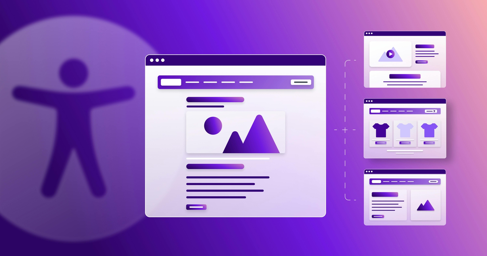 Large stylized web page next to three smaller web browsers and the accessibility person symbol.