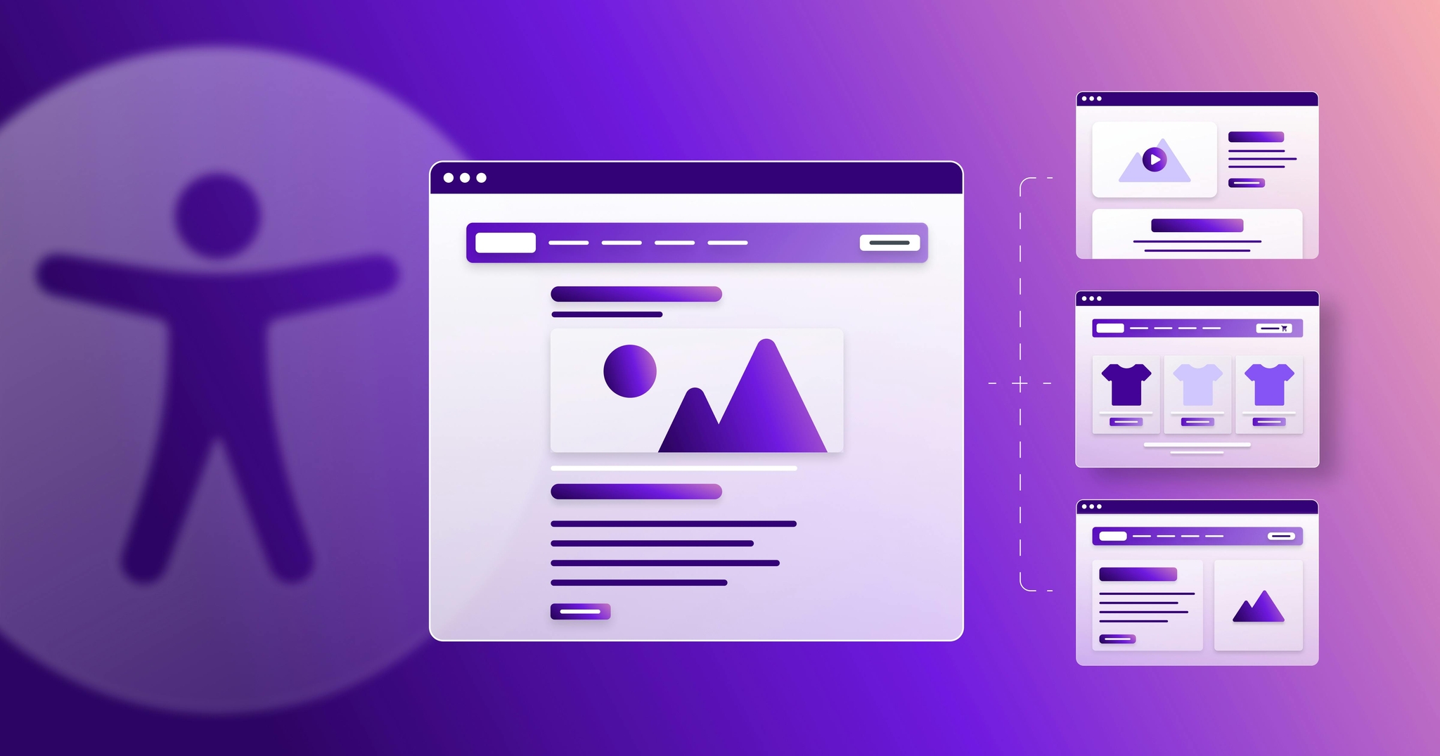 Large stylized web page next to three smaller web browsers and the accessibility person symbol.