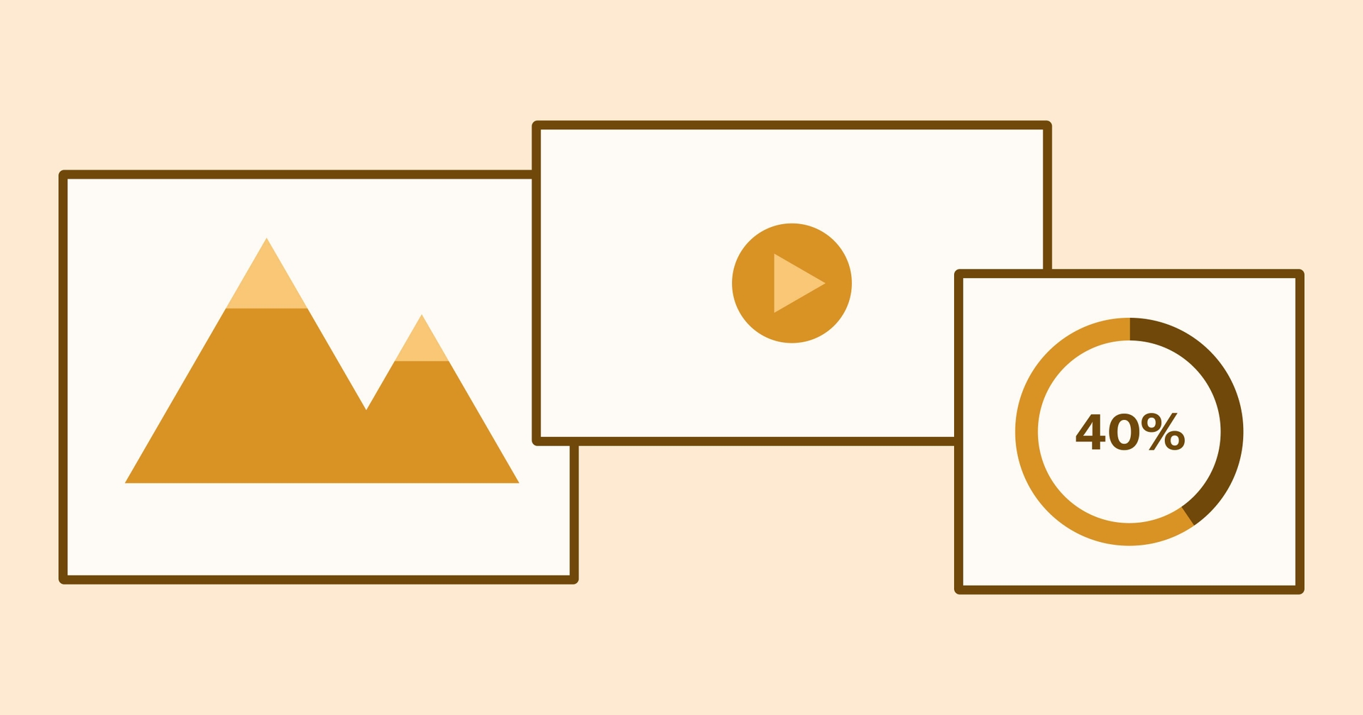 A series of illustrations showing an image, a video, and a pie chart.