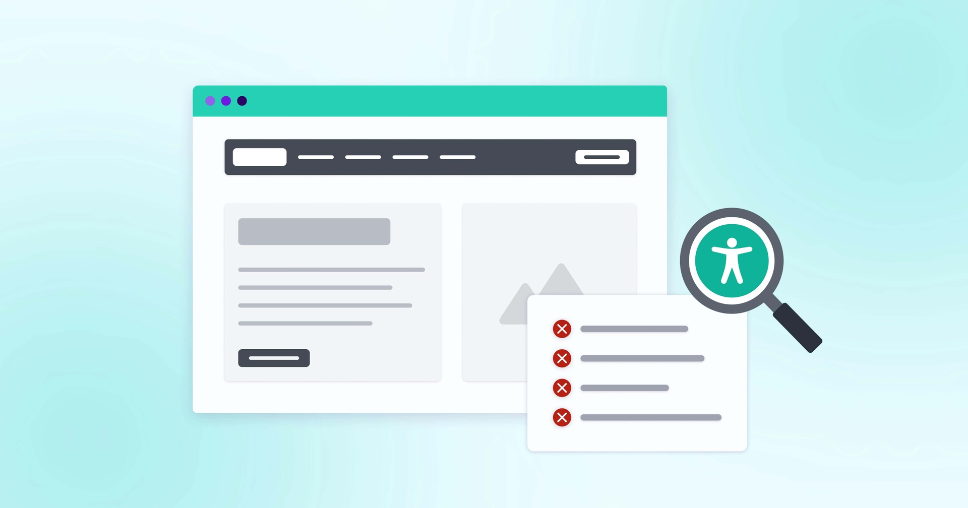 Illustration of a webpage layout with a magnifying glass showing accessibility issues, indicated by red X marks on a checklist.