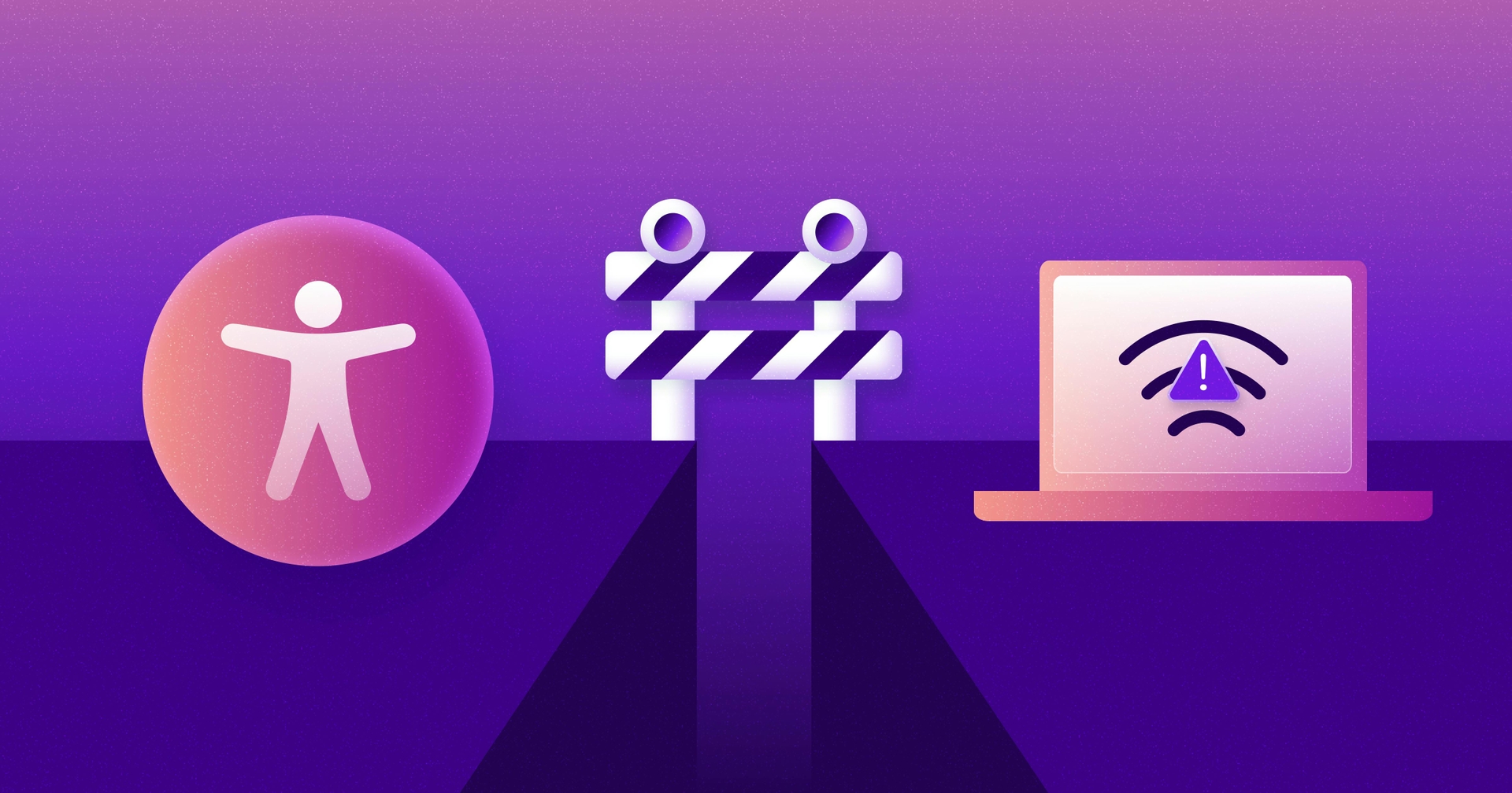 Two platforms with a gap in the middle; one has the accessibility icon on it and the other has a laptop with an internet error message.