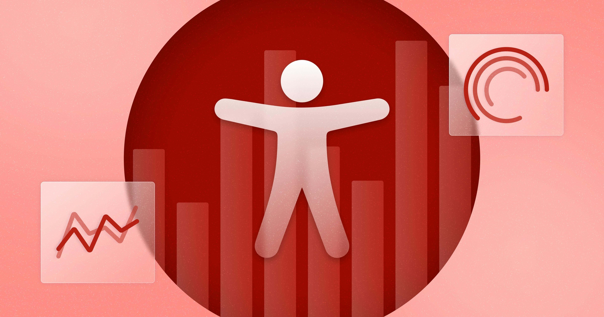 An accessibility icon with a bar graph in the background, surrounded by a scatterplot and circular graph.