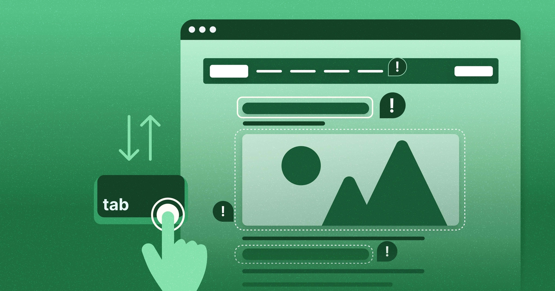 A stylized web browser next to an icon of a tab key with a finger clicking it.