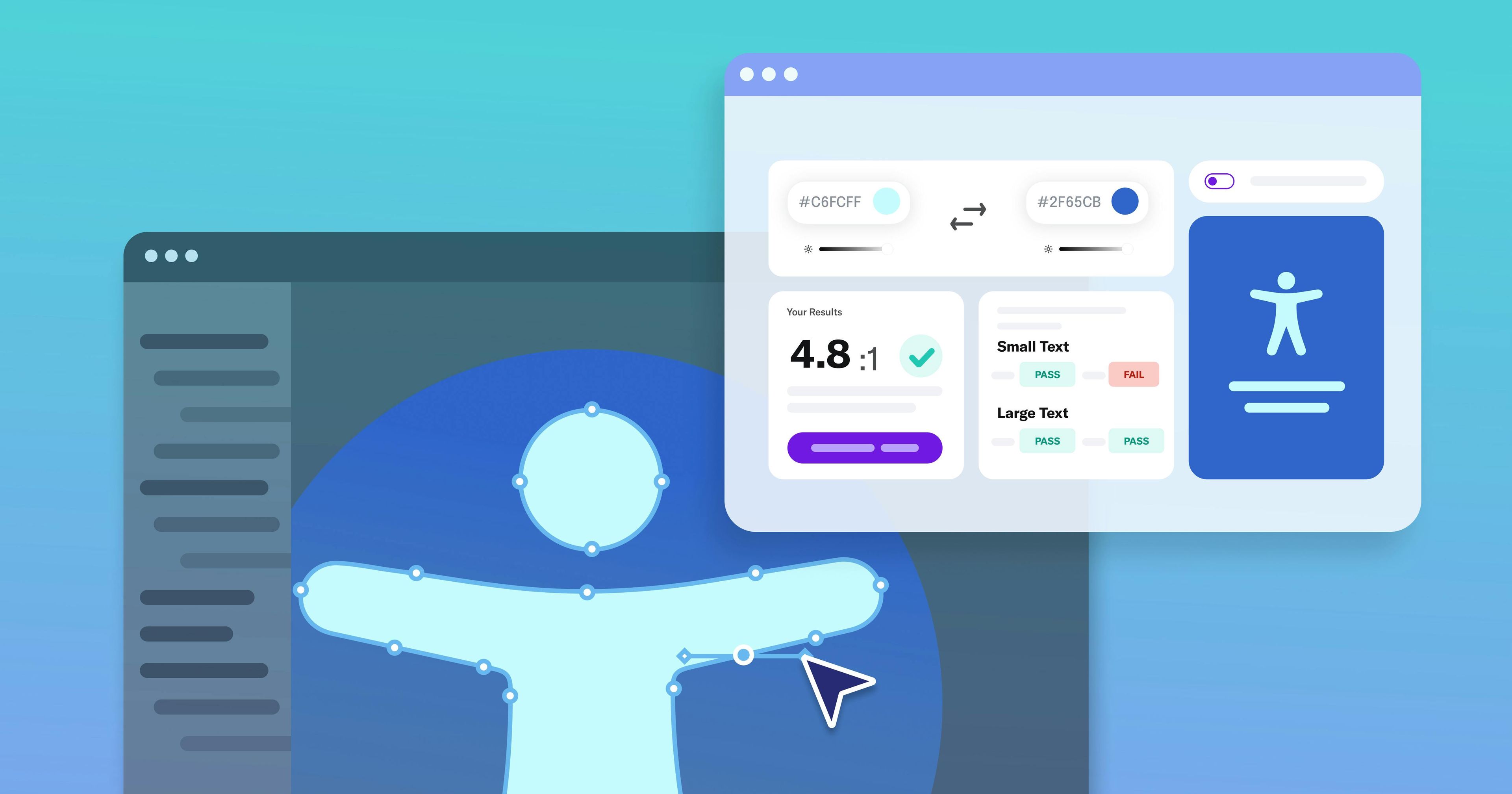 A dashboard view of a website design's hex codes, color contrast ration, and text size